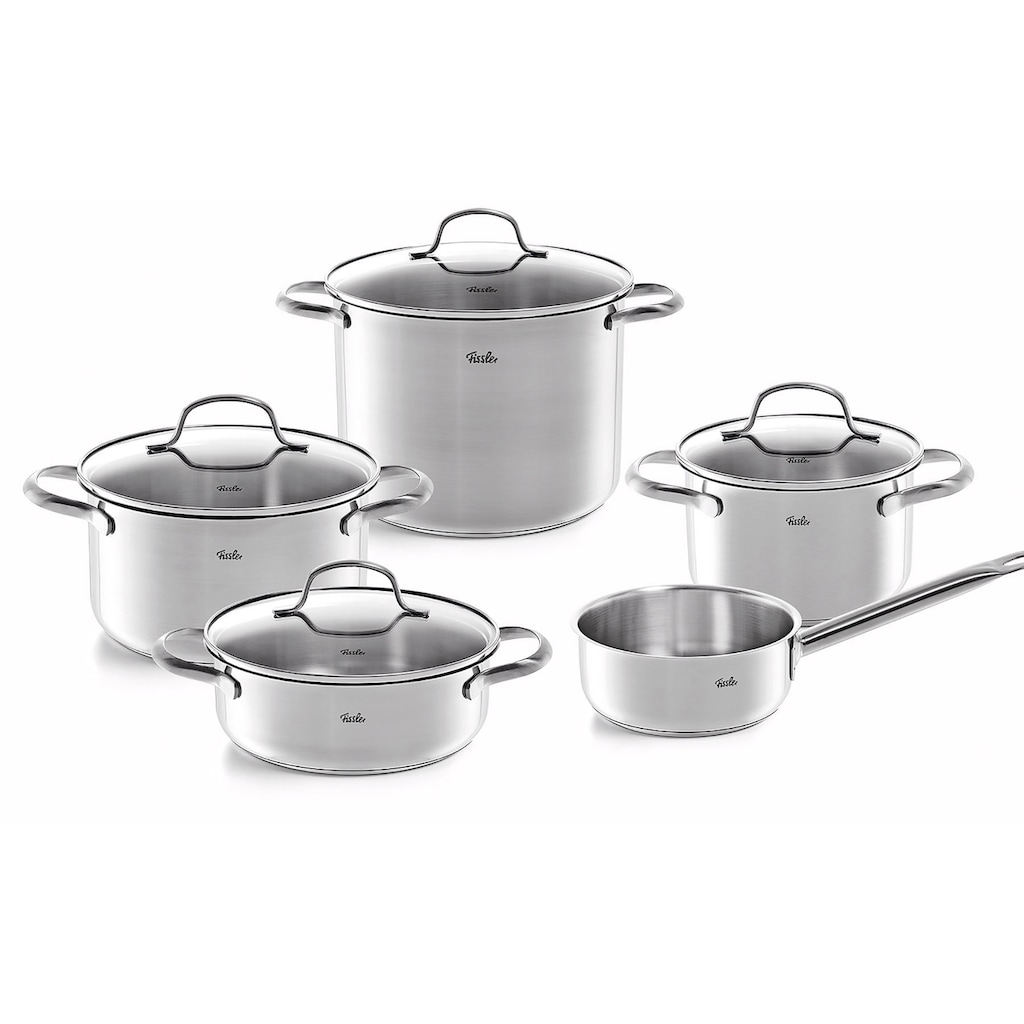 Fissler Topf-Set »San Francisco«, Edelstahl 18/10, (Set, 9 tlg., Bratentopf 20 cm, je 1 Kochtopf 16/20/24 cm, Stielkasserolle 16 cm)