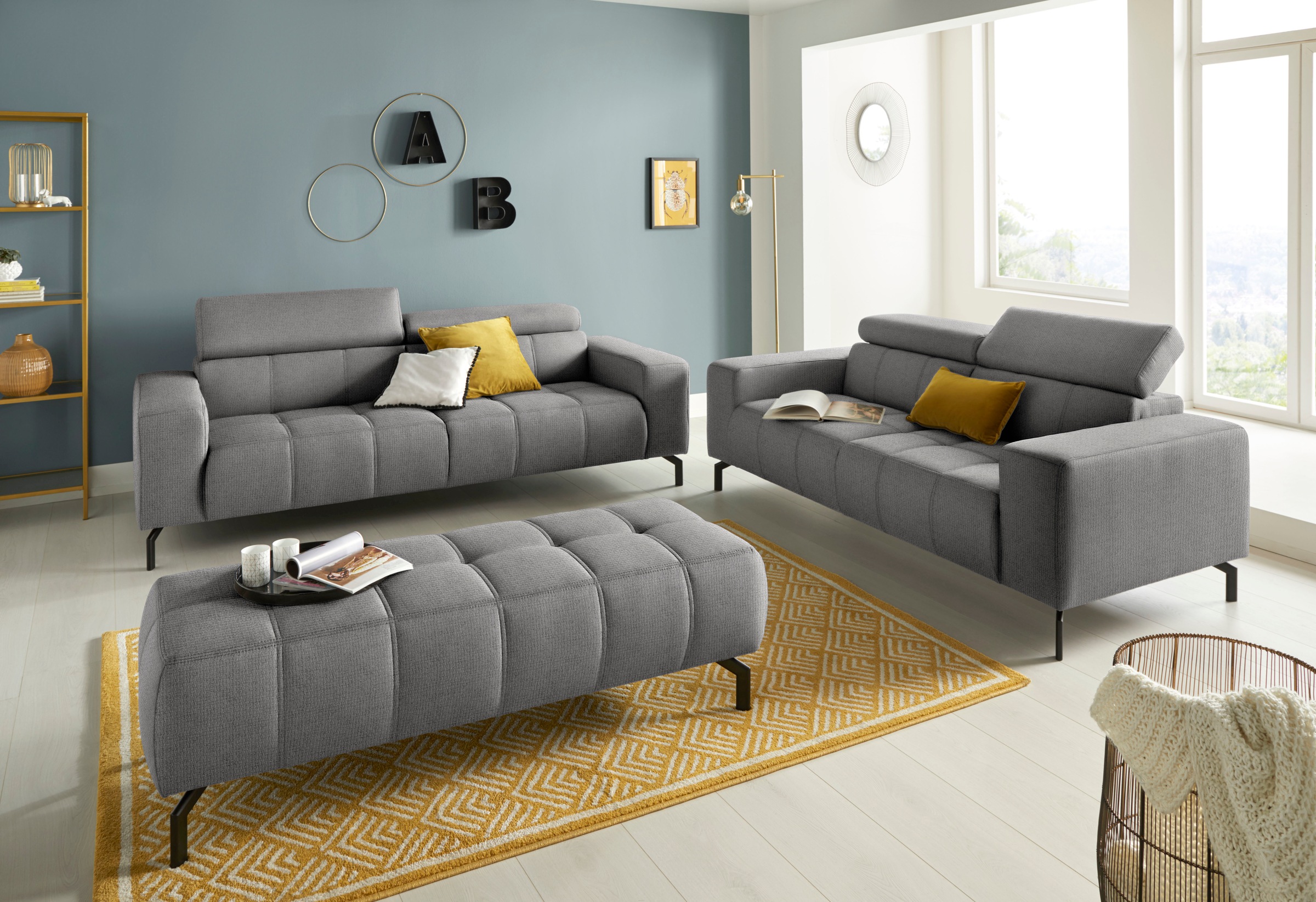 DOMO collection 2,5-Sitzer »Cunelli zeitlos und elegant, moderne Sitznähte als Designelement,«, wahlweise mit 6-fach verstellbaren Kopfteilen, fester Sitzkomfort