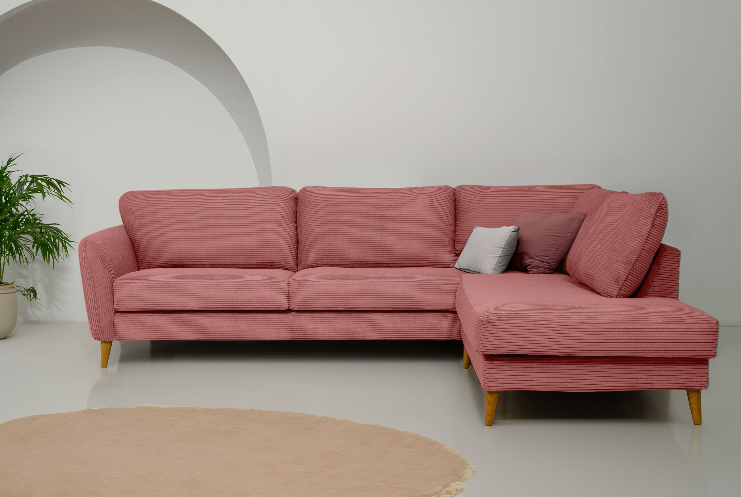 Home affaire Ecksofa »MARSEILLE 278/202 cm, L-Form, Ottom. rechts/links, verschiedene Bezüge«, Massivholzbeine Eiche, Landhausstil, Wellenunterfederung