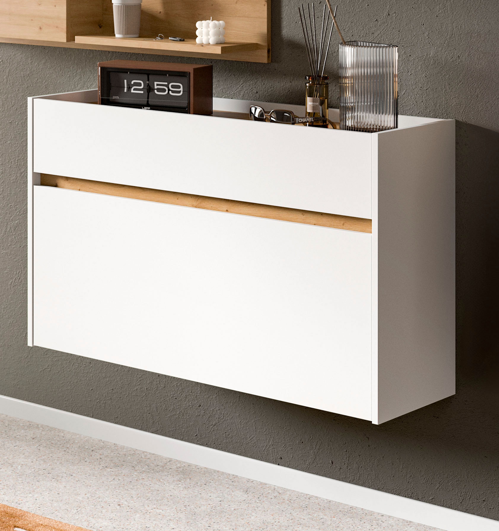 INOSIGN Schuhschrank »EVRID, Breite 110cm, hängend, 1 Schubkasten, 1 Schuhwalze«, (1 St., individuell mit anderen Artikel der Serie EVRID erweiterbar), Schuhkommode, Kommode, Sideboard, Garderobenschrank, Flurkommode
