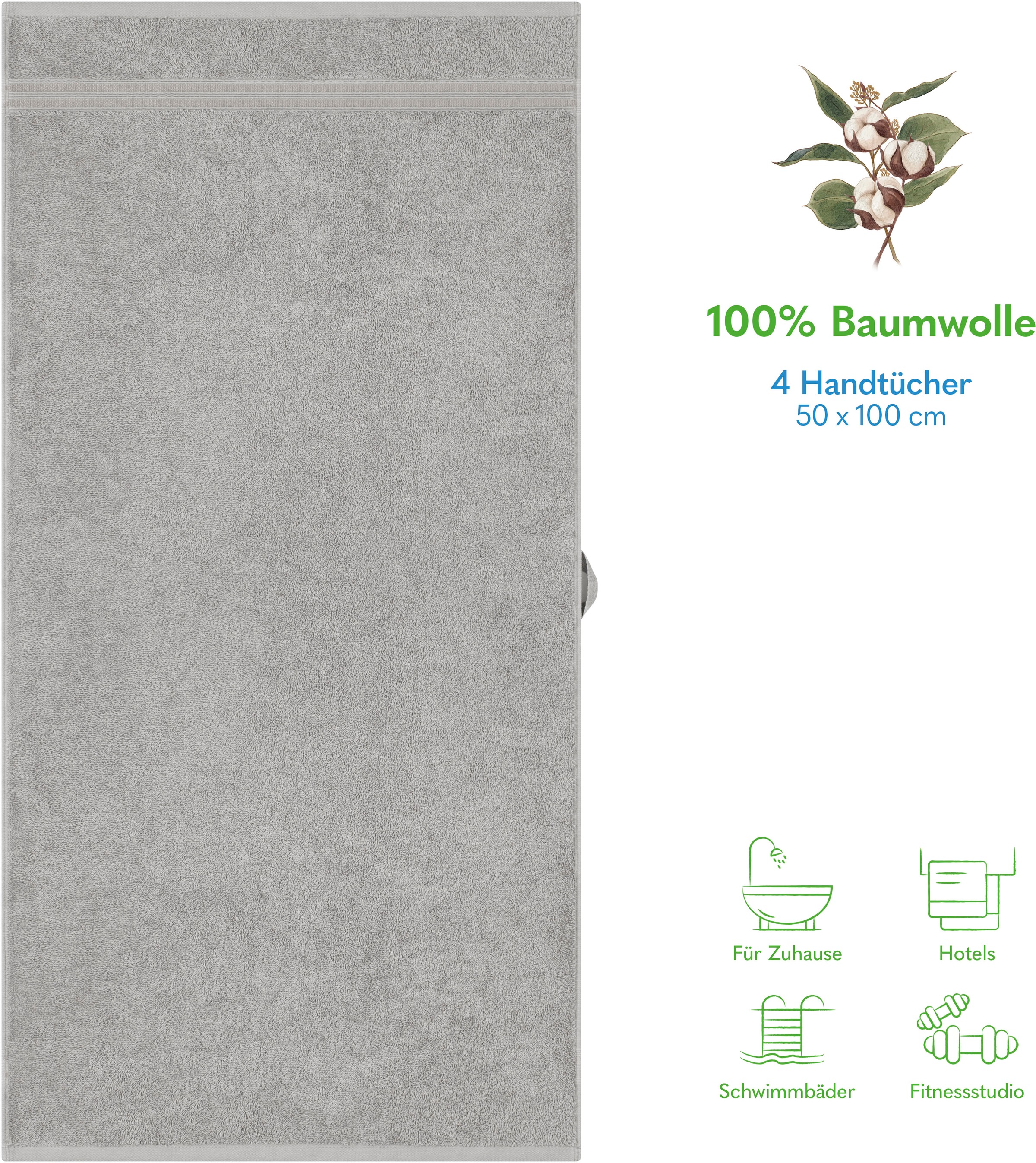 HAMMETEX Handtuch Set »4er Set Handtücher 50x100 cm, 100% Baumwolle, Weich & Saugstark«, (Set, 4 St., 4), mit Bordüre, einfarbig, weich