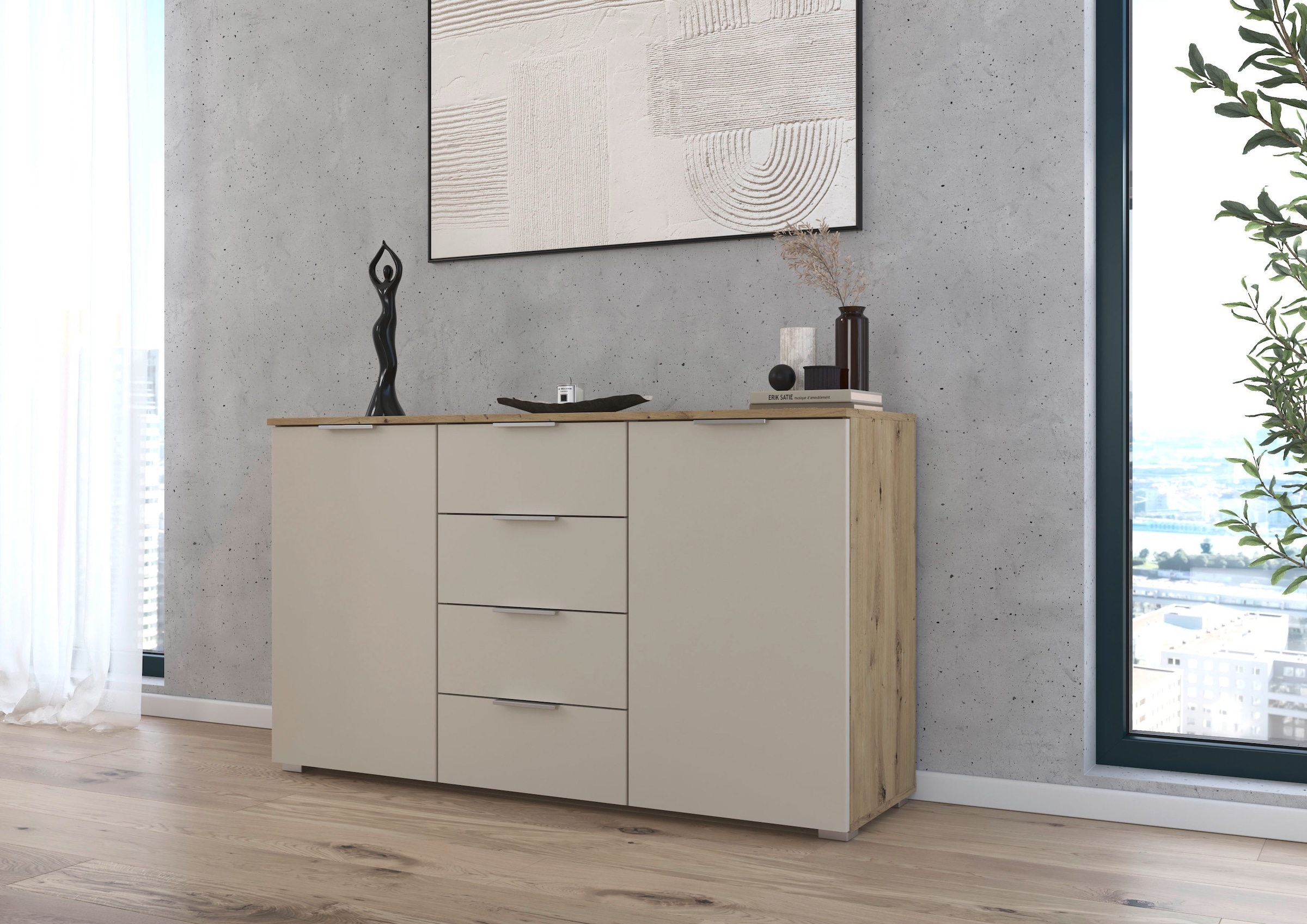 OTTO home Kombikommode »Sideboard Schubladenkommode AGORDO mit Dekor- oder Hochglanzfront« in zwei Griff-Farben, Breite 120 cm,  vier große Schubladen, mit insgesamt 4 Einlegeböden MADE IN GERMANY