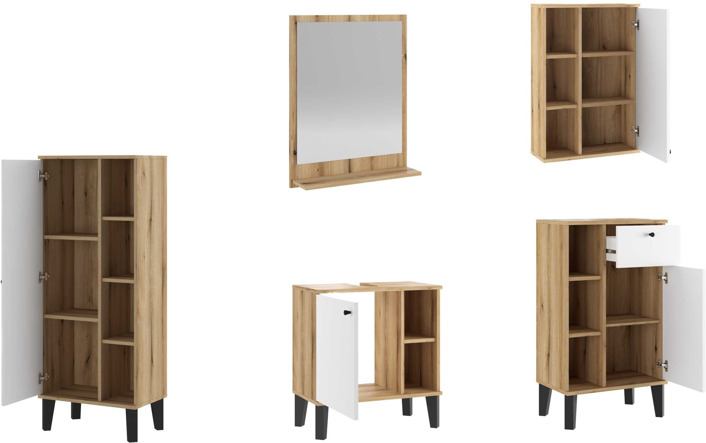 INOSIGN Badmöbel-Set »OSLO, Bad im skandinavischen Design, 5-teiliges Badezimmer«, (Set, 5 St.), Badschränke und Spiegel, in zwei Farben verfügbar, viel Stauraum
