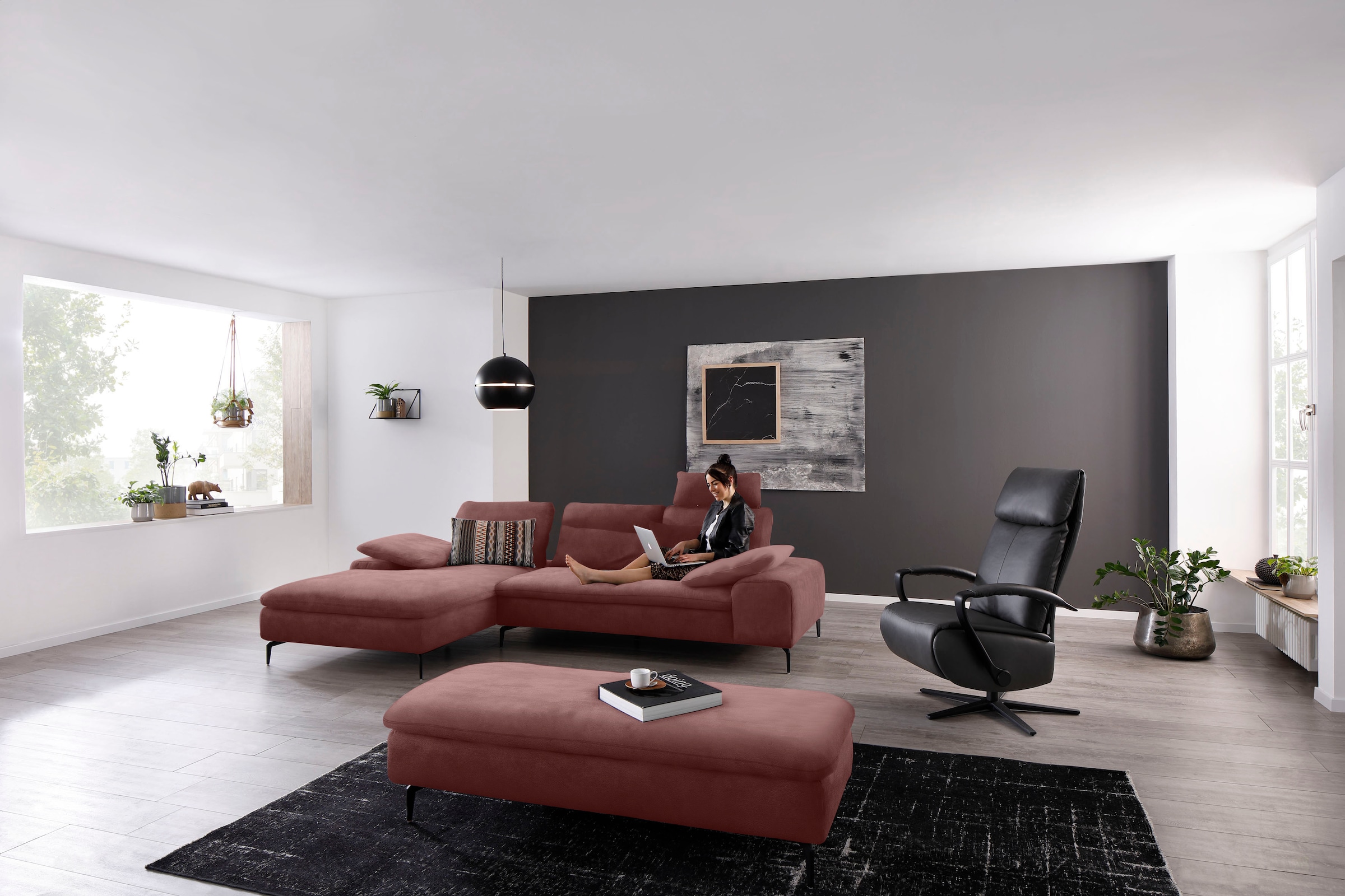 W.SCHILLIG Ecksofa »valentinoo, Designsofa, bequem, elegant und zeitlos, L-Form«, (Set), inklusive Hocker, mit Sitztiefenverstellung, Breite 299 cm