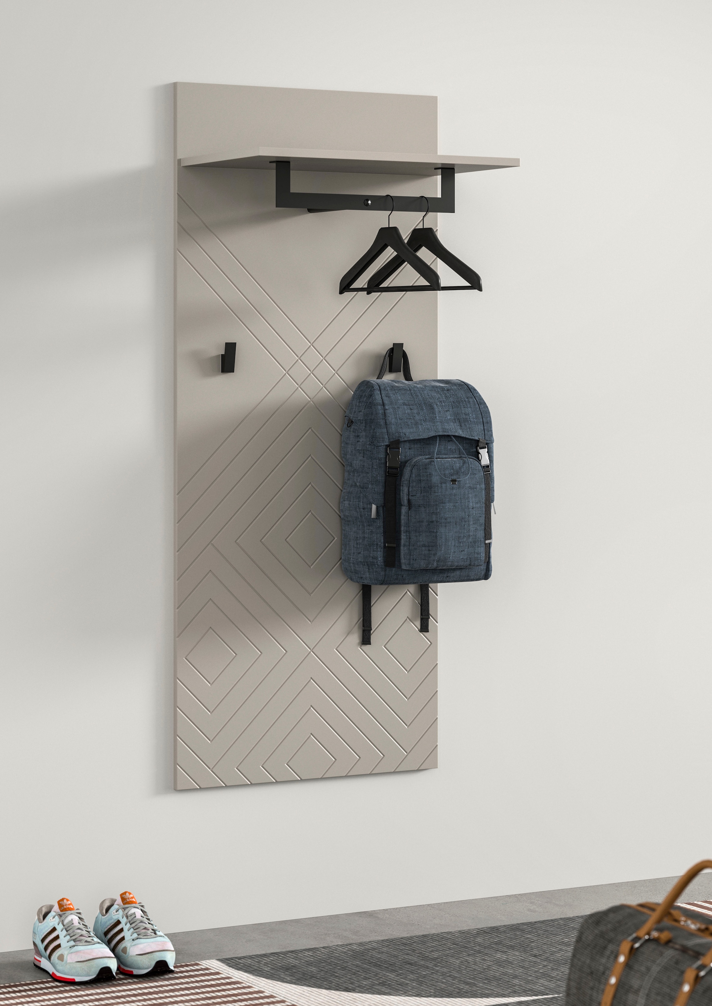 INOSIGN Garderobenpaneel »Mento, Höhe 140 cm, Paneelrückwand mit Ornamentfräsung«, (1 St.), 2 Haken & 1 Kleiderstange aus Metall, Paneel, Wandpaneel, Garderobe