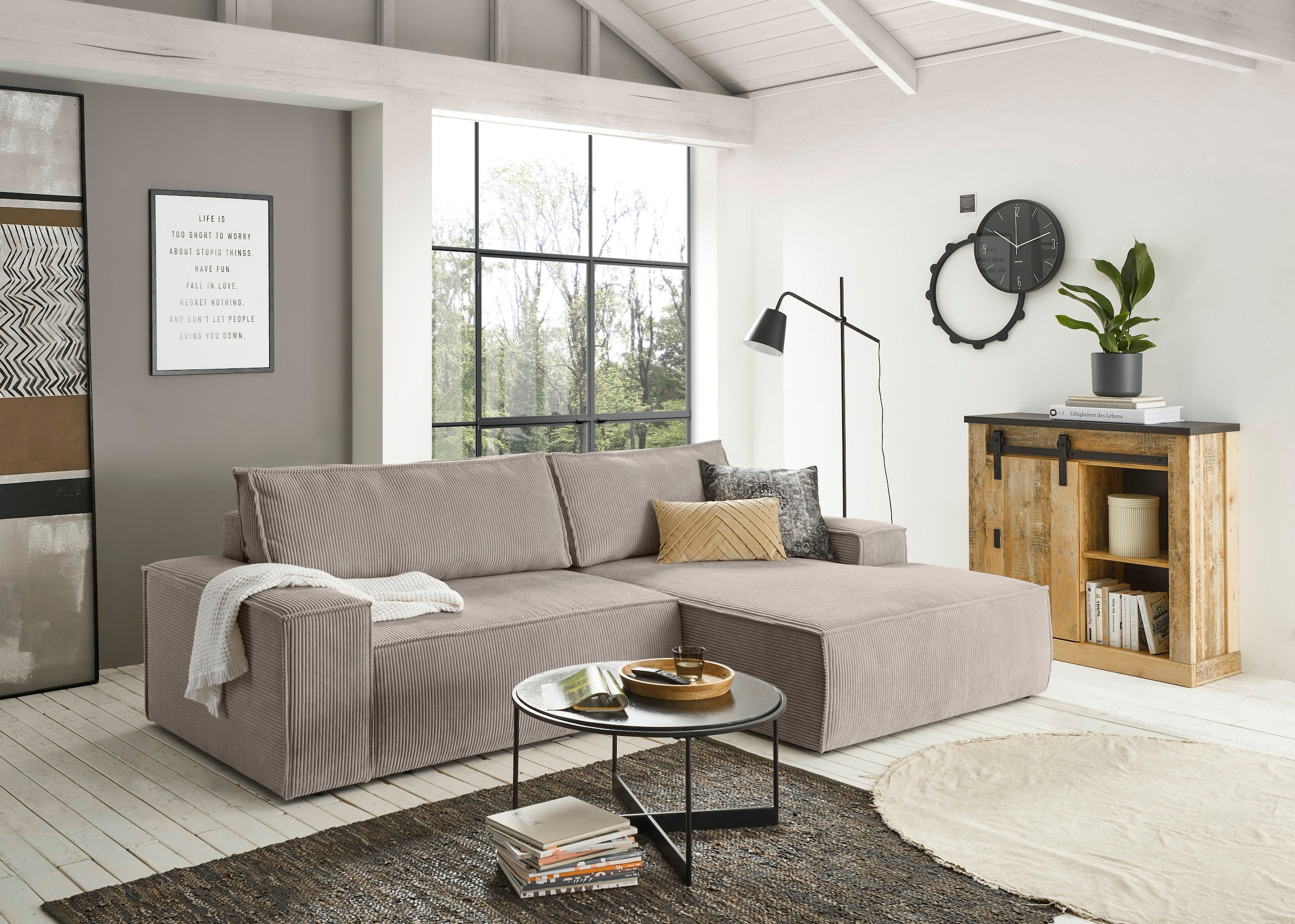 Home affaire Ecksofa »SHERWOOD Schlafsofa 267 cm, L-Form,«, Schlaffunktion mit Bettkasten (210x136 cm), Cord, Vintage, Samtvelours