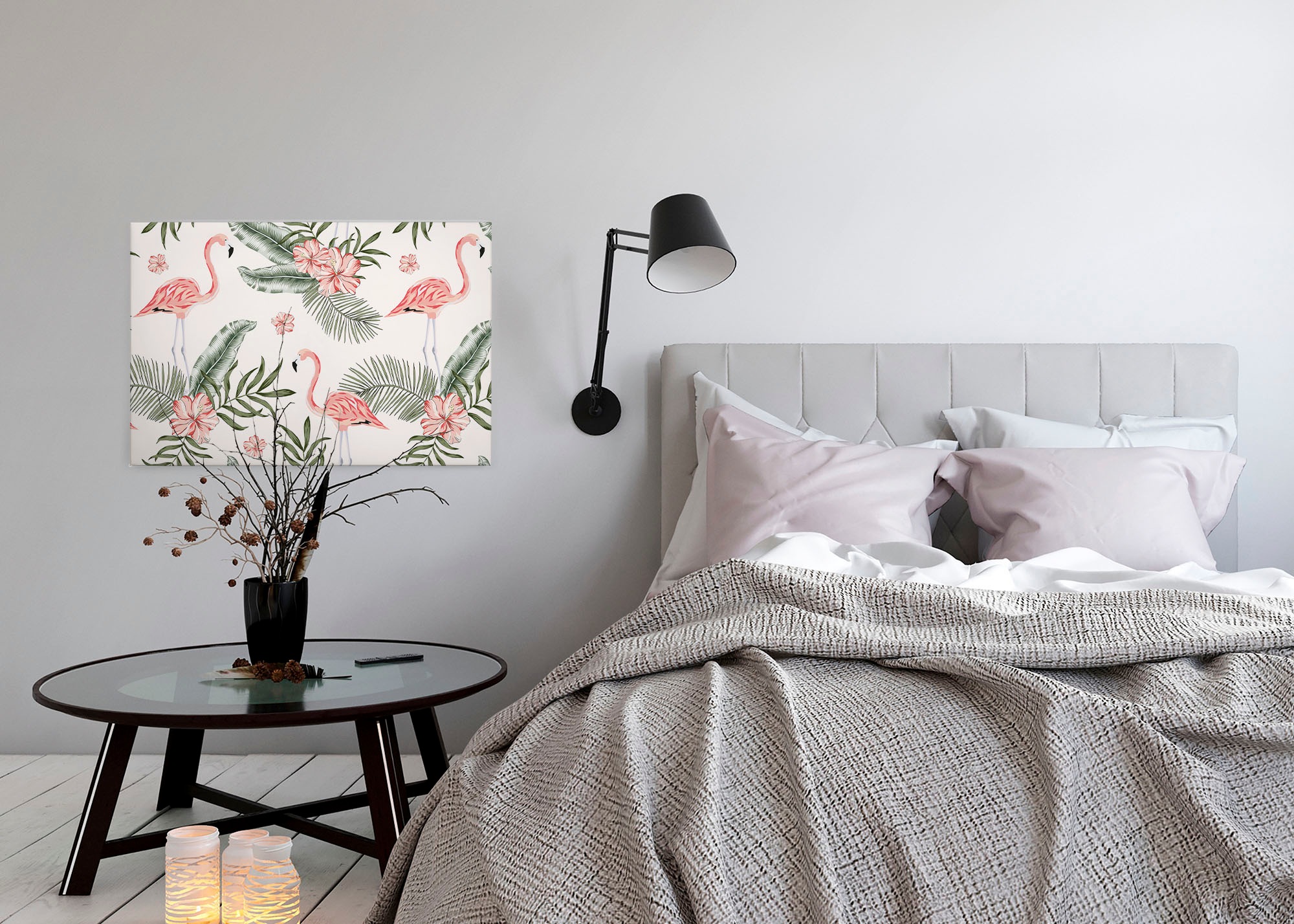 A.S. Création Leinwandbild »Tropical Vibes«, Kunst-Blumen-Kinder, (1 St.), Palmenblätter Flamingo Keilrahmen Leinwand-Bild Wohnzimmer modern Wand