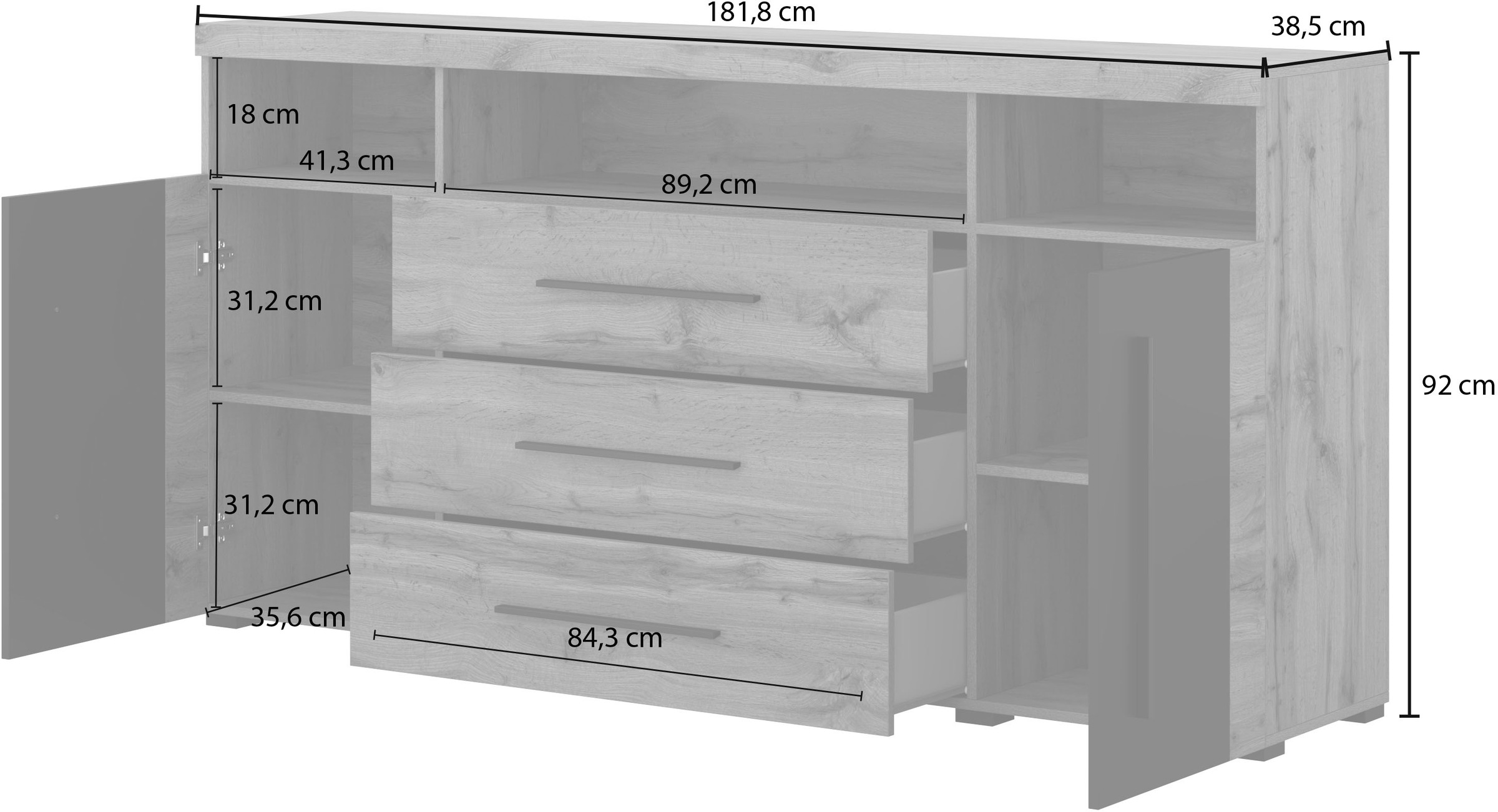 INOSIGN Sideboard »Roger,Breite 182cm, stilvolle Schrank, 2 Holztüren 3 Schubladen«, Kommode mit viel Stauraum, Einlegeböden verstellbar