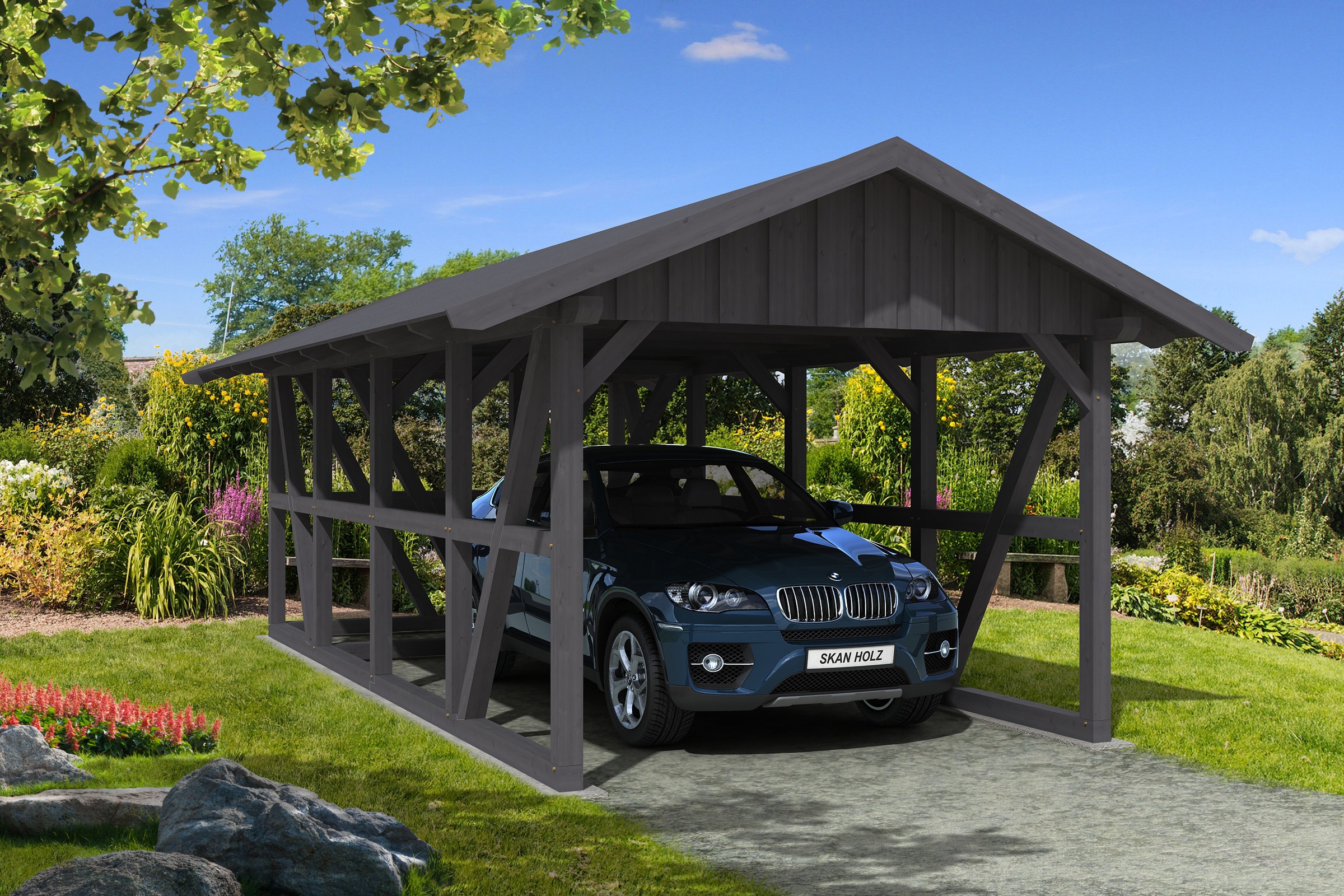 Skanholz Einzelcarport »Schwarzwald«, 300 cm, Schiefergrau, mit Abstellraum, mit Dachschalung