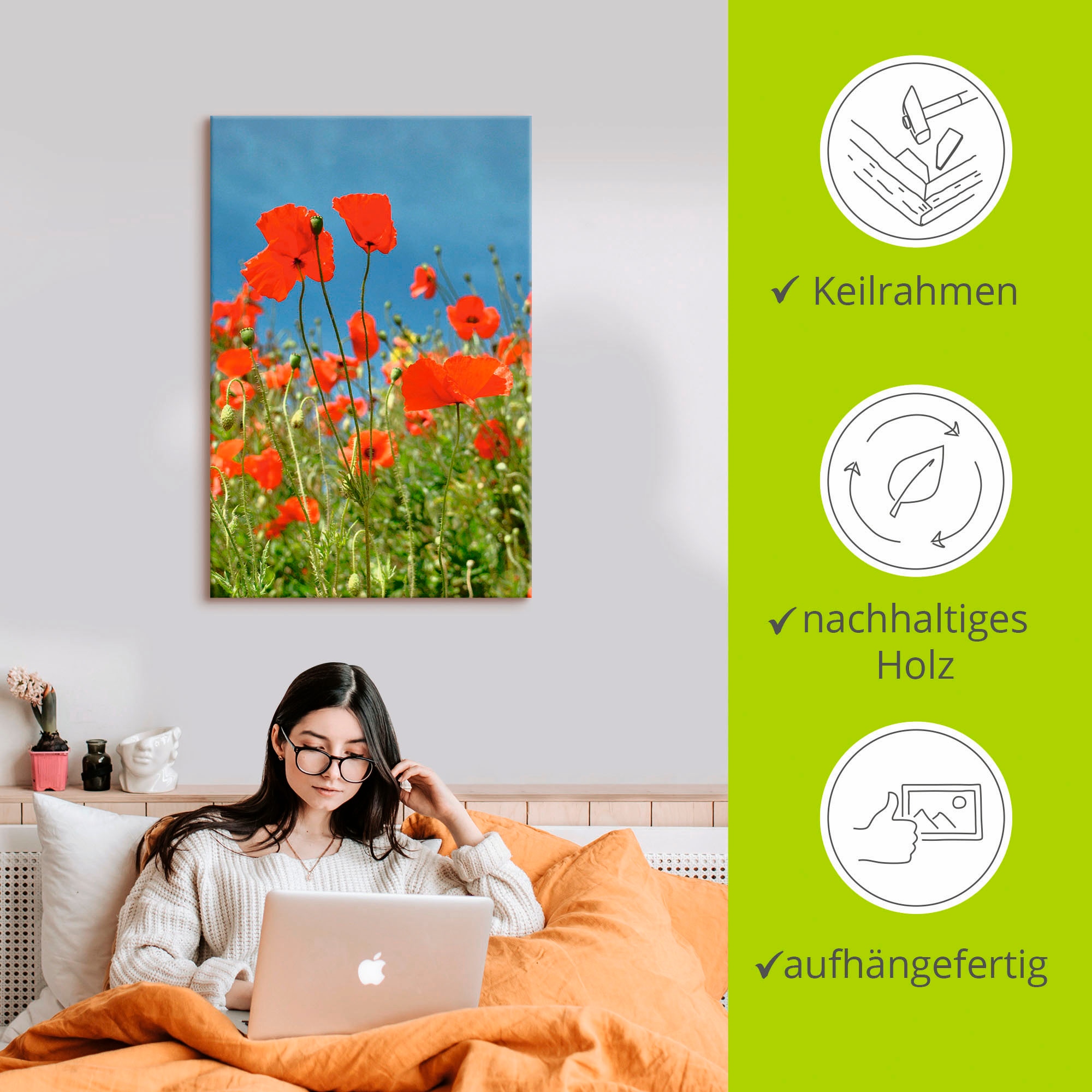 Artland Leinwandbild »Feld mit rotem Klatschmohn« Blumen 1 Stk. tlg. auf Holzrahmen gespannt