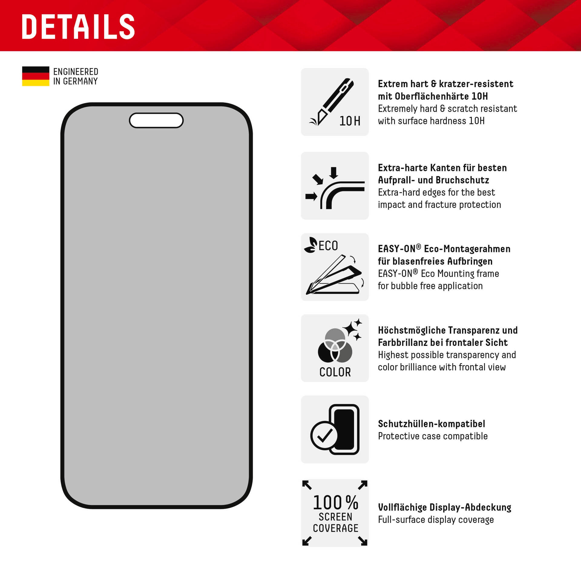 Displex Displayschutzglas »Privacy Glass«, für Apple iPhone 15-Apple iPhone 15 Pro, Blickschutz Displayschutzfolie Displayschutz kratzer-resistent 10H