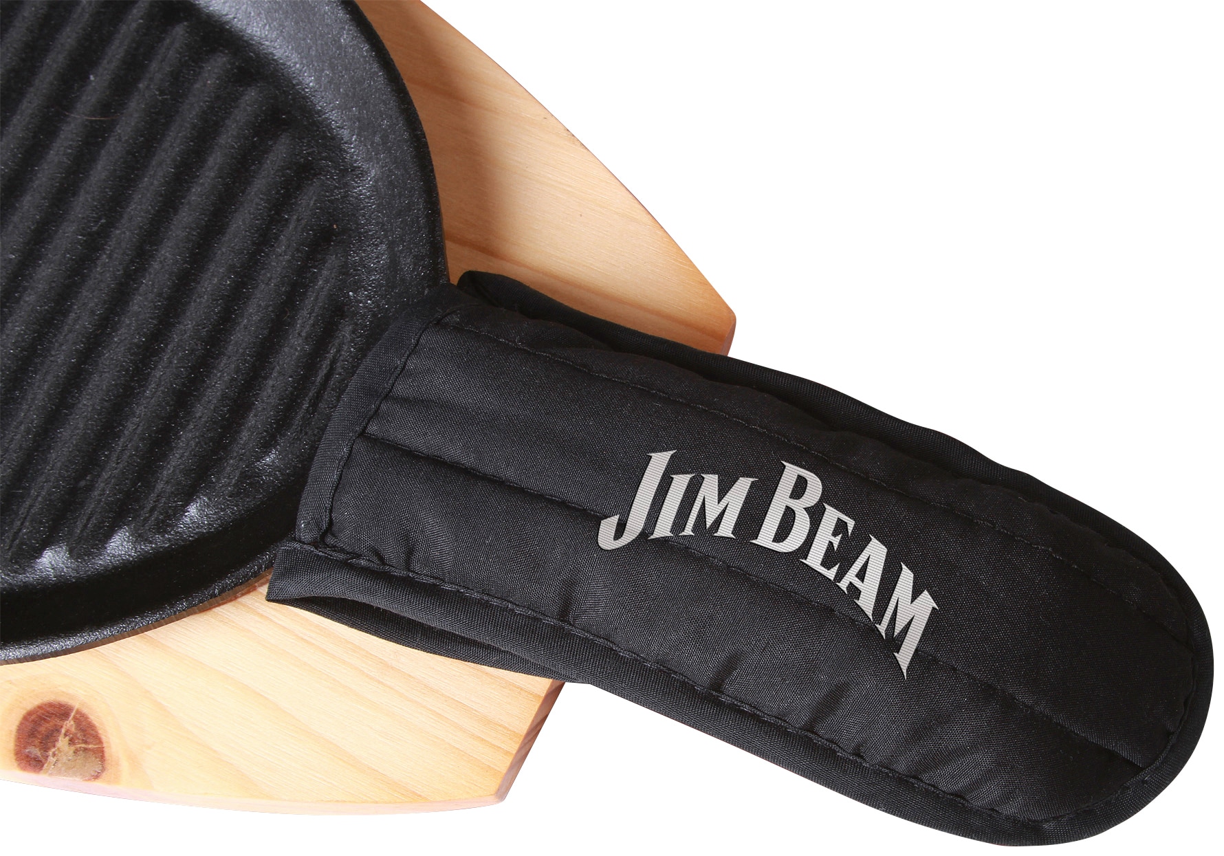 Jim Beam BBQ Grillpfanne, Gusseisen, (Set), 4 Stk., inkl. Griffüberzug und Holzuntersetzer