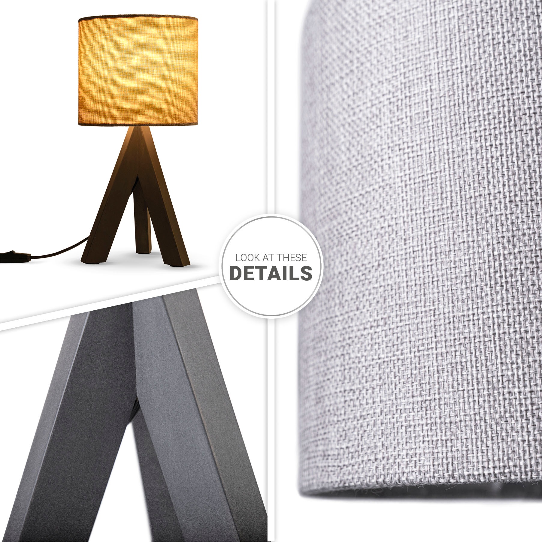 Paco Home Tischleuchte »BAJO CANVAS UNI COLOR«, 1 flammig, Leuchtmittel E14 | ohne Leuchtmittel, Dreibein massiv Holz, Textilschirm uni Leinen, Ø 17 cm, H. 35 cm