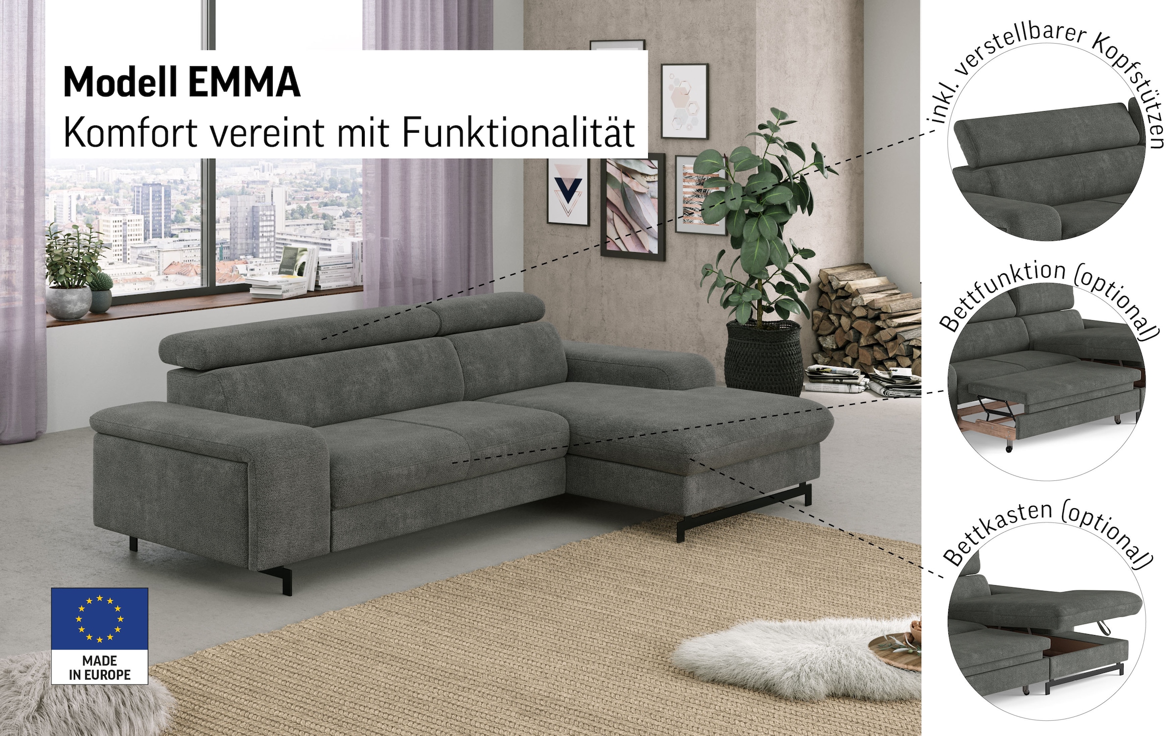 COTTA Ecksofa »Emma L-Form«, mit Kopfteilverstellung, wahlweise mit Bettfunktion & Bettkasten
