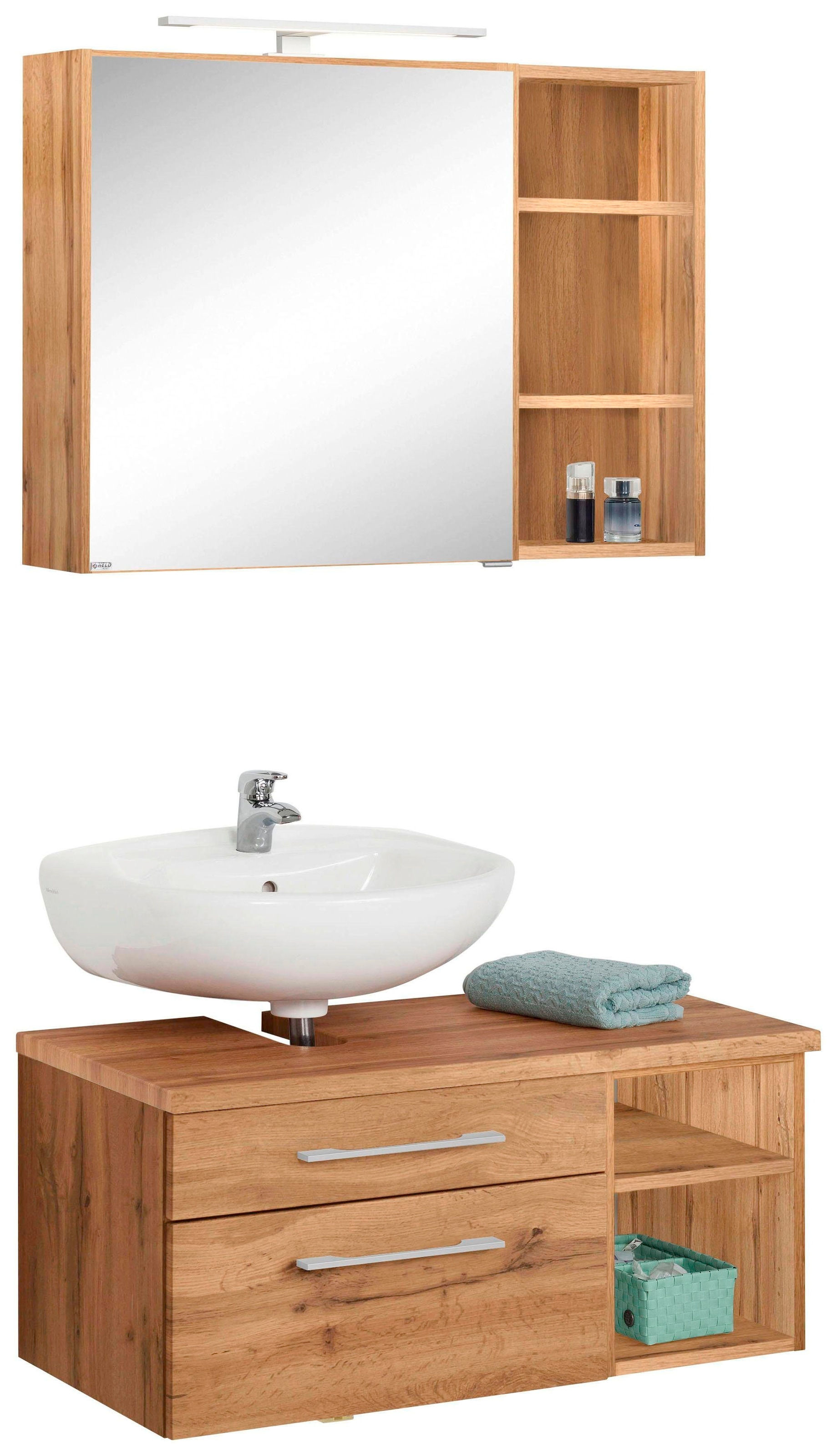 Badmöbel-Set (3 Waschbeckenunterschrank auf und kaufen »Davos«, Rechnung LED-Beleuchtung, St.), mit Hängeschrank HELD MÖBEL
