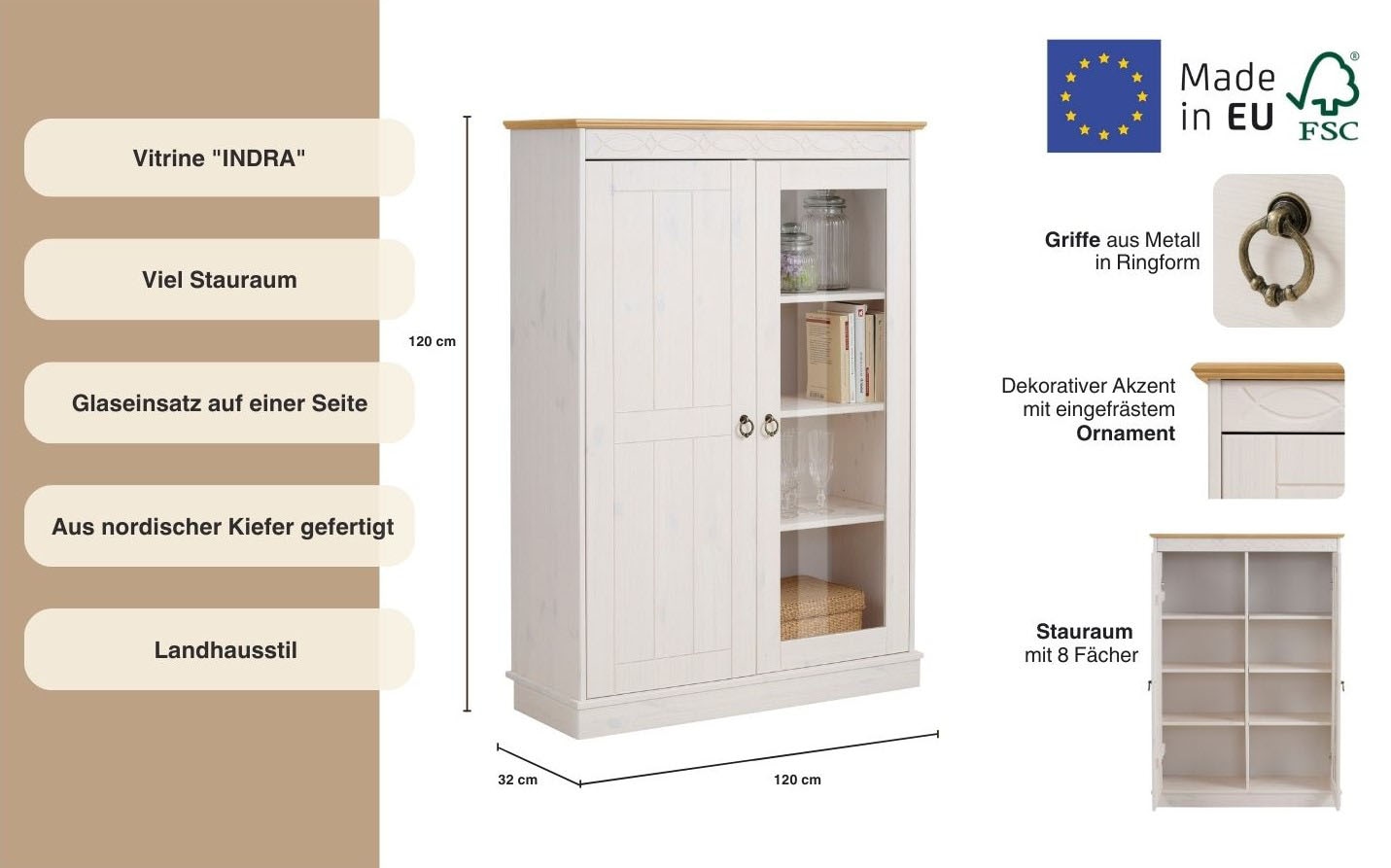Home affaire Highboard »Indra«, Vitrine, Breite 86 cm