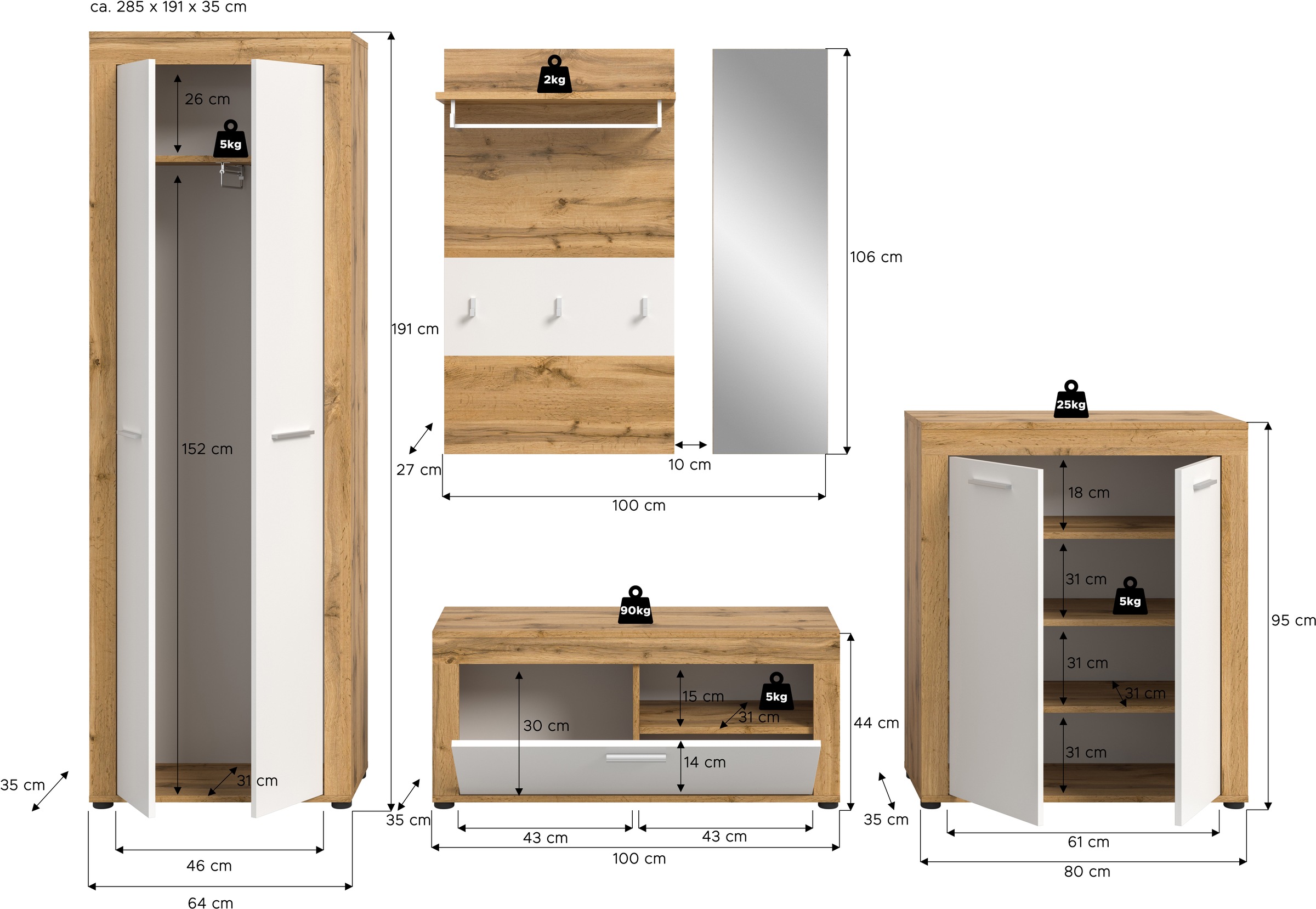 INOSIGN Garderoben-Set, (Set, 5 St.), Aosta, Höhe 191 cm, 5-tlg. Garderobenset, Flur, Diele
