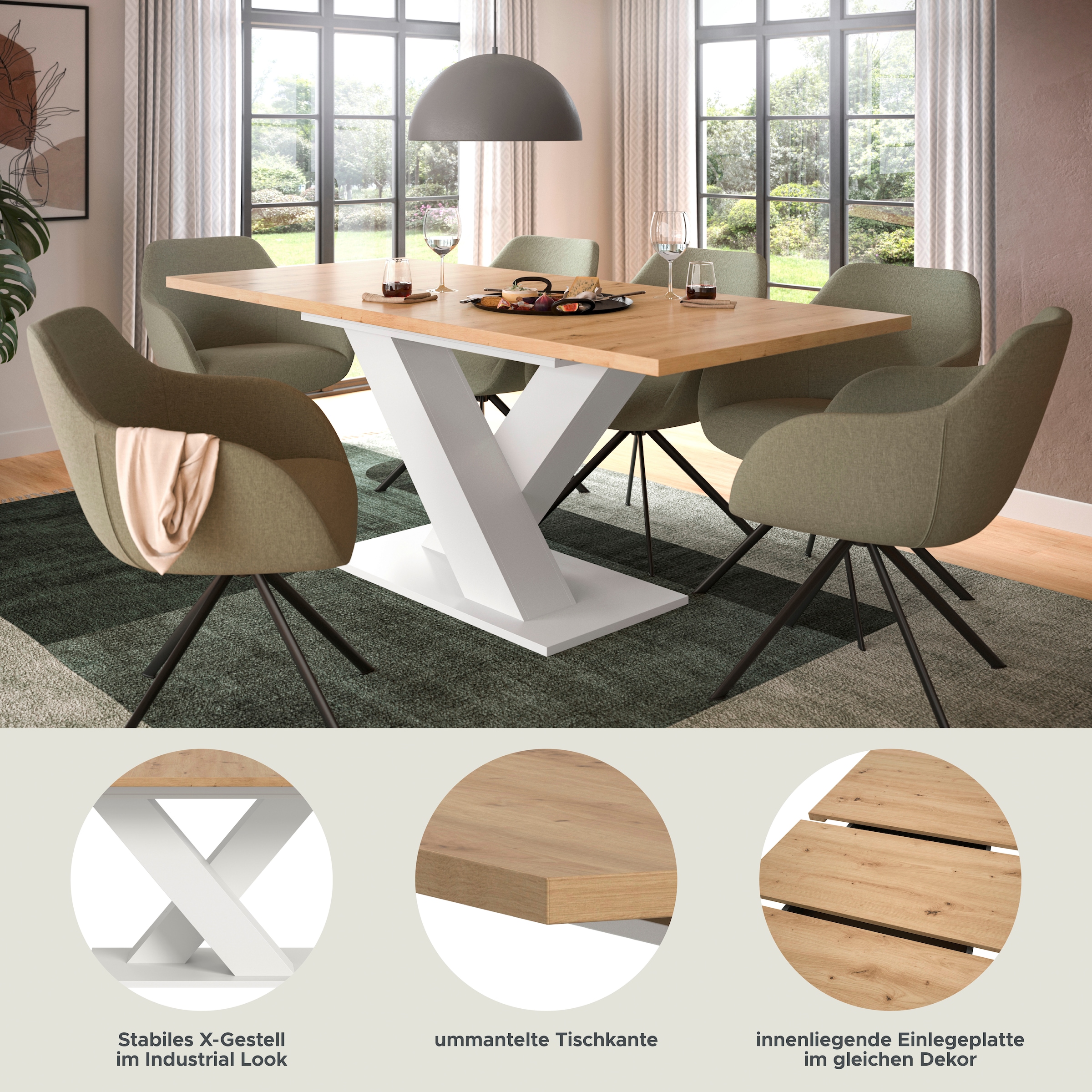 INOSIGN Esstisch »Motus, ausziehbar 150 -190 cm, inklusive 40 cm Einlegeplatte«, (Set, 1 St.), X-Gestell mit Bodenplatte, Tisch, Küchentisch, Esszimmer, Küche