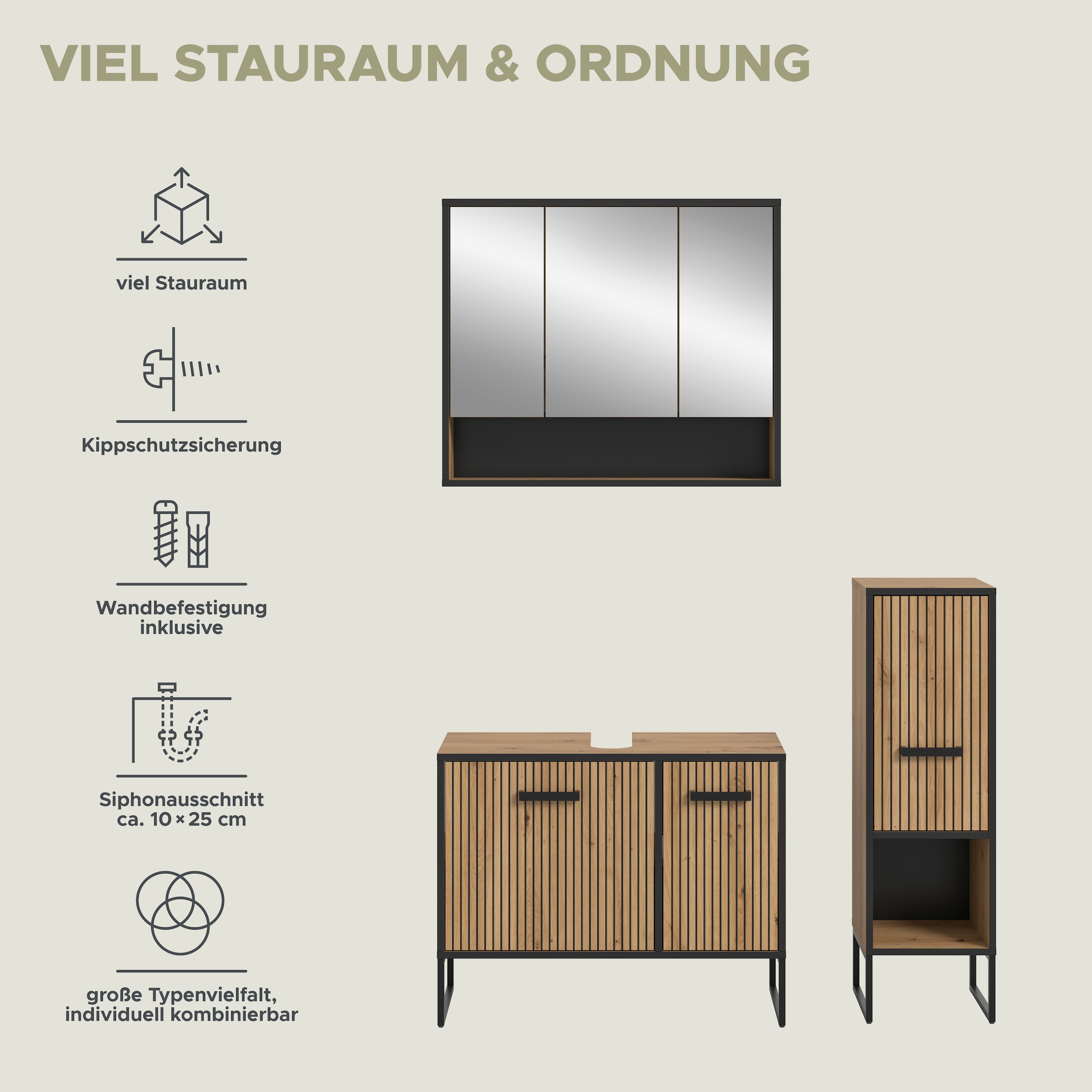 welltime Badmöbel-Set »LOCRI, 3-tlg. Badkombination, Breite 125 cm, Rillenoptik, Metallkufen« bestehend aus: Waschbeckenunterschrank, Spiegelschrank & Standschrank, 3 Stk. tlg.