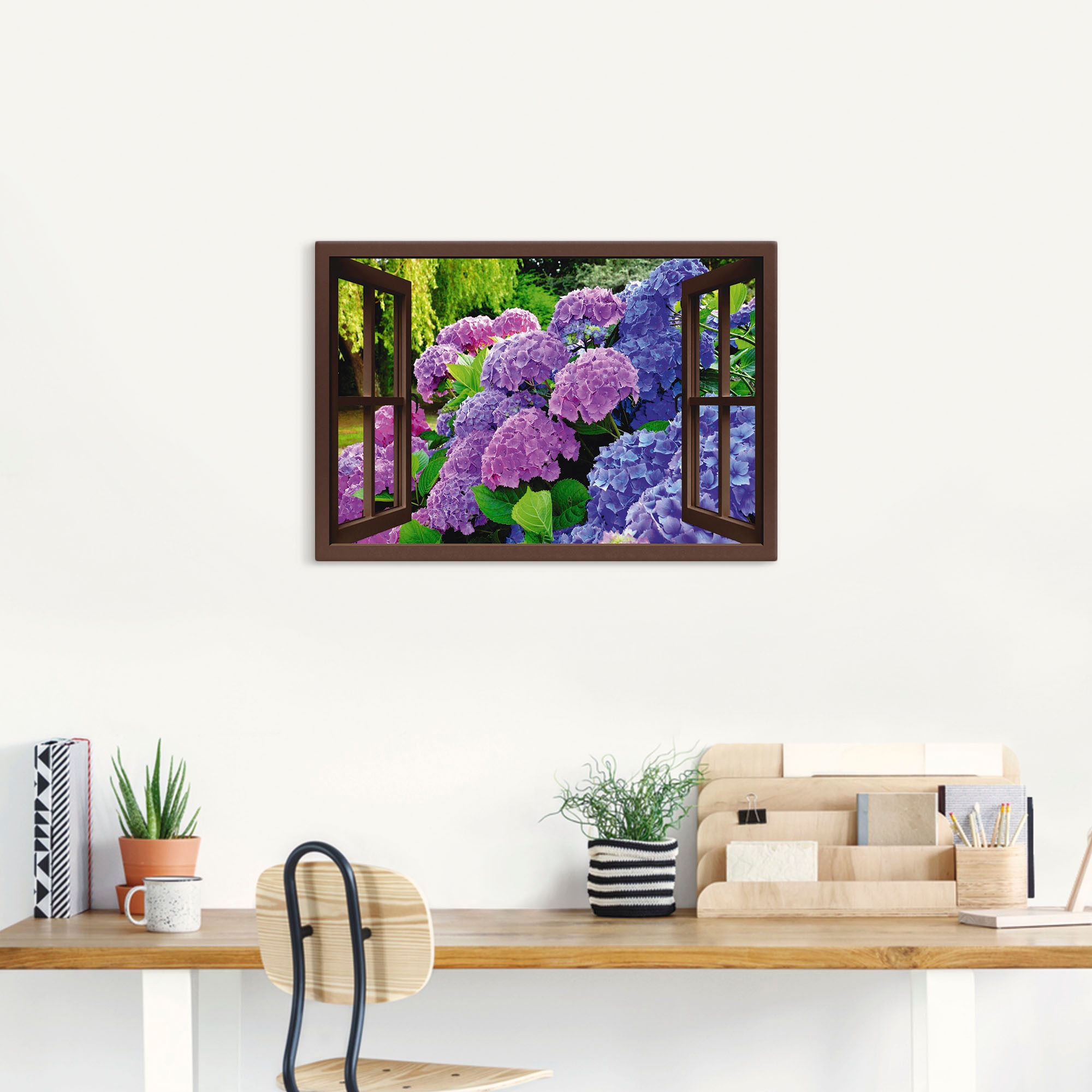 Artland Wandbild »Fensterblick - Hortensien im Garten«, Blumen, (1 St.), als Leinwandbild, Poster in verschied. Größen