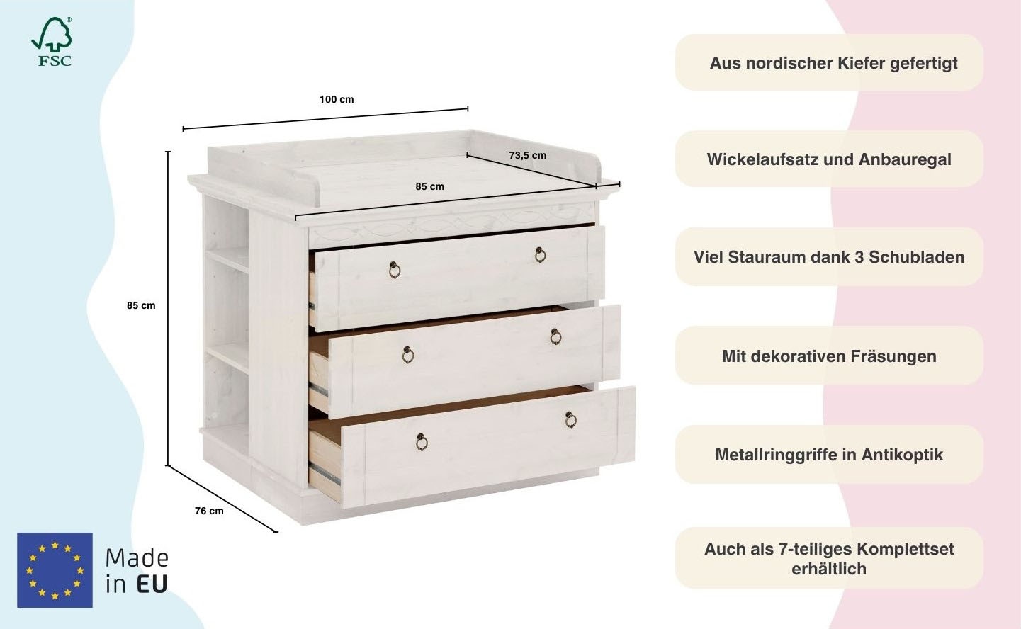 Lüttenhütt Wickelkommode »Indra, Landhausstil, viel Stauraum«, FSC® zertifiziertes Massivholz, inklusive Unterbauregal und Aufsatz, 100 cm