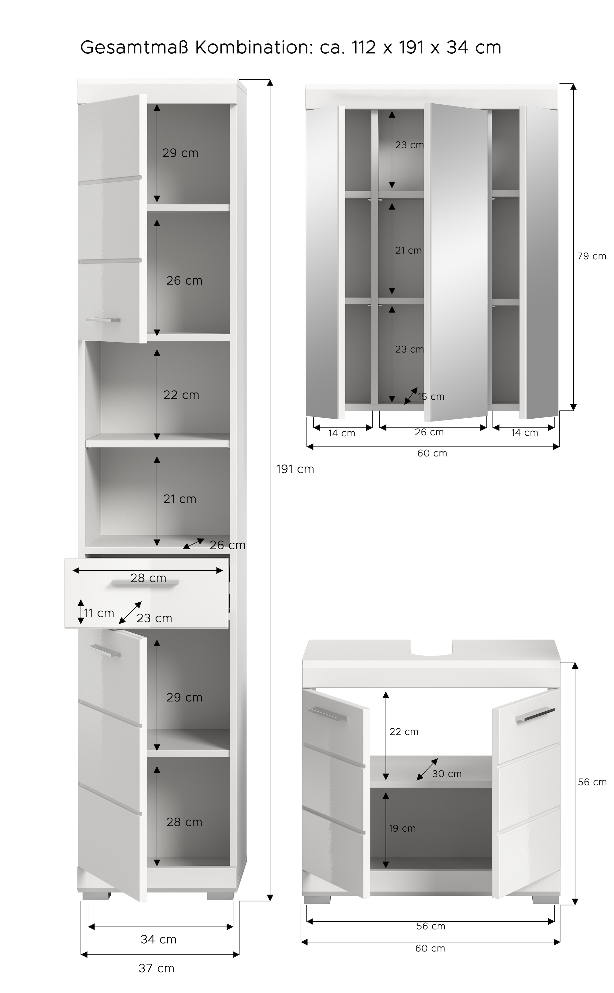 INOSIGN Badmöbel-Set »Siena, 3 teilig, bestehend aus:«, (Set), Hochschrank, Waschbeckenunterschrank, Spiegelschrank