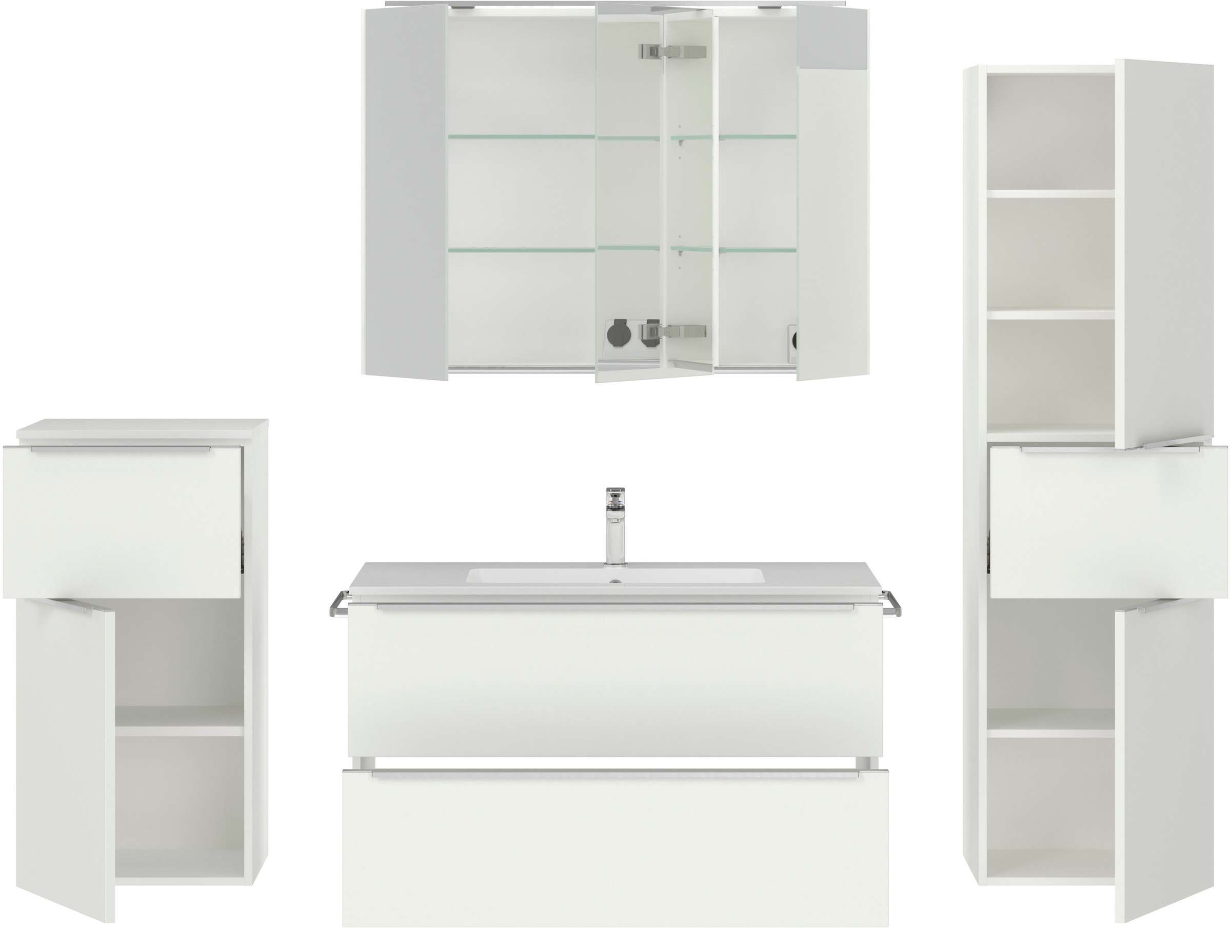 nobilia® Badmöbel-Set »Levere«, (4 St., vormontiert, mit Soft-Close), inkl. Spiegelschrank mit Beleuchtung und Dimmerfunktion, in 4 Breiten