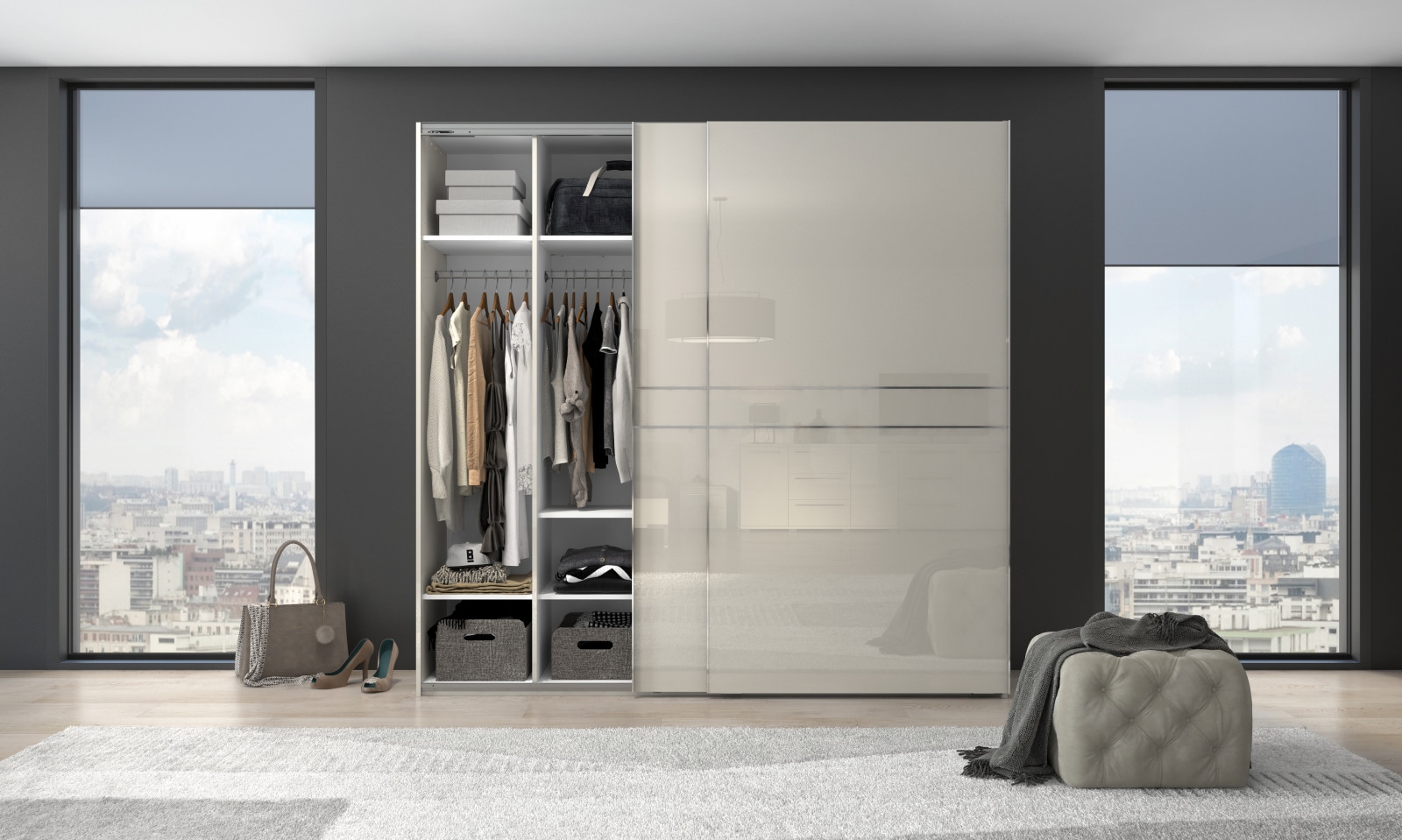 Places of Style Schwebetürenschrank »Piano, FSC-zertifiziert, mit Einlegeböden und Kleiderstangen«, (in 3 Breiten, 224cm hoch), UV lackiert, hochglänzend, mit Soft-Close Funktion, in beige oder weiß