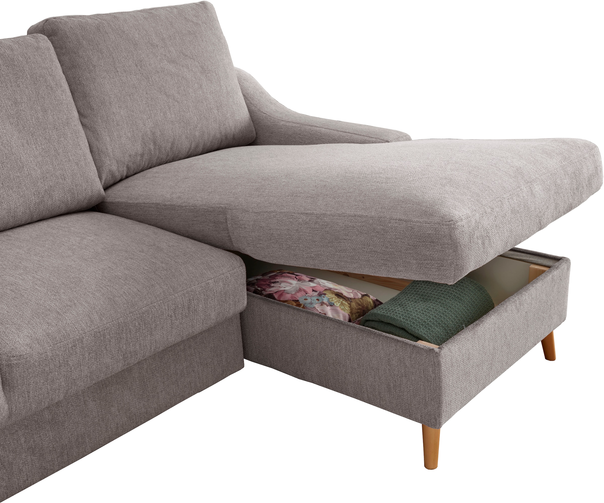 INOSIGN Ecksofa »Valentina L-Form«, 2 Zierkissen, mit Seitentasche, ausziehbarer Liegefläche, Bettkasten