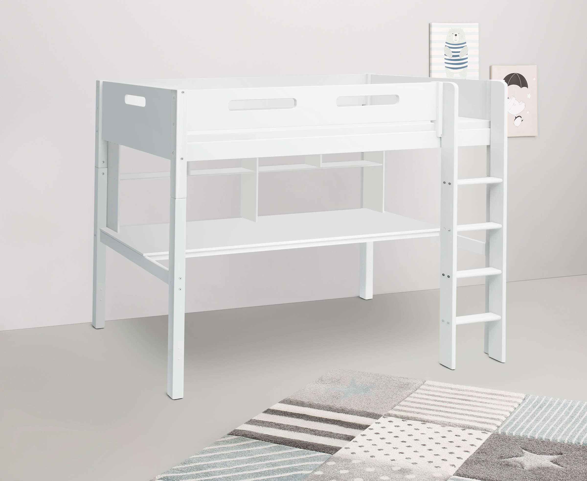 Hochbett “ Nordic“, produziert by Flexa,Umbaubar in Einzelbett, incl Rollrost, weiß Breite Absturzsicherung vorne in MDF-Schreibtisch und Regal