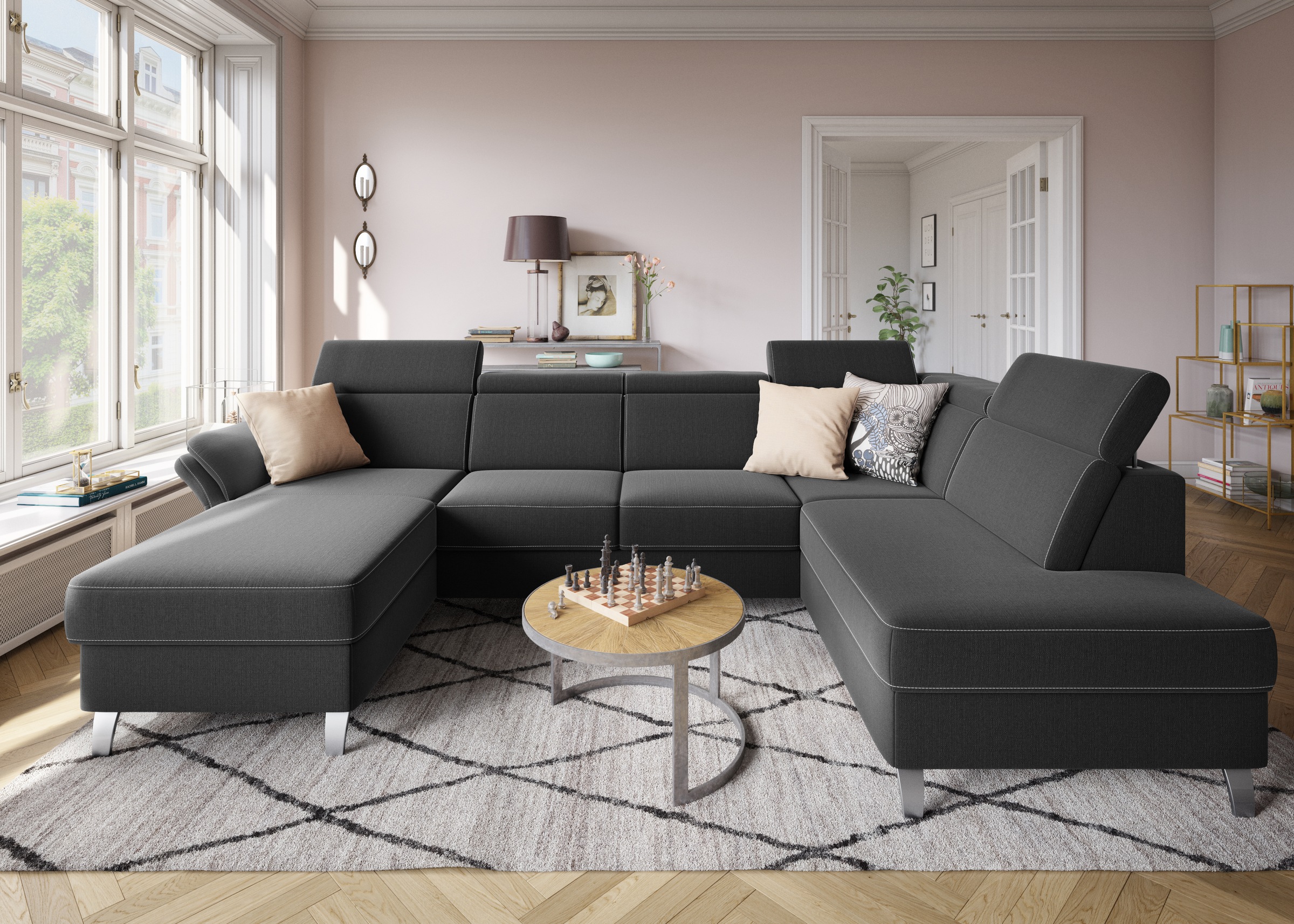 sit&more Wohnlandschaft »Vincenzo U-Form«, inklusive Kopfteilverstellung, wahlweise mit Bettfunktion, Bettkasten