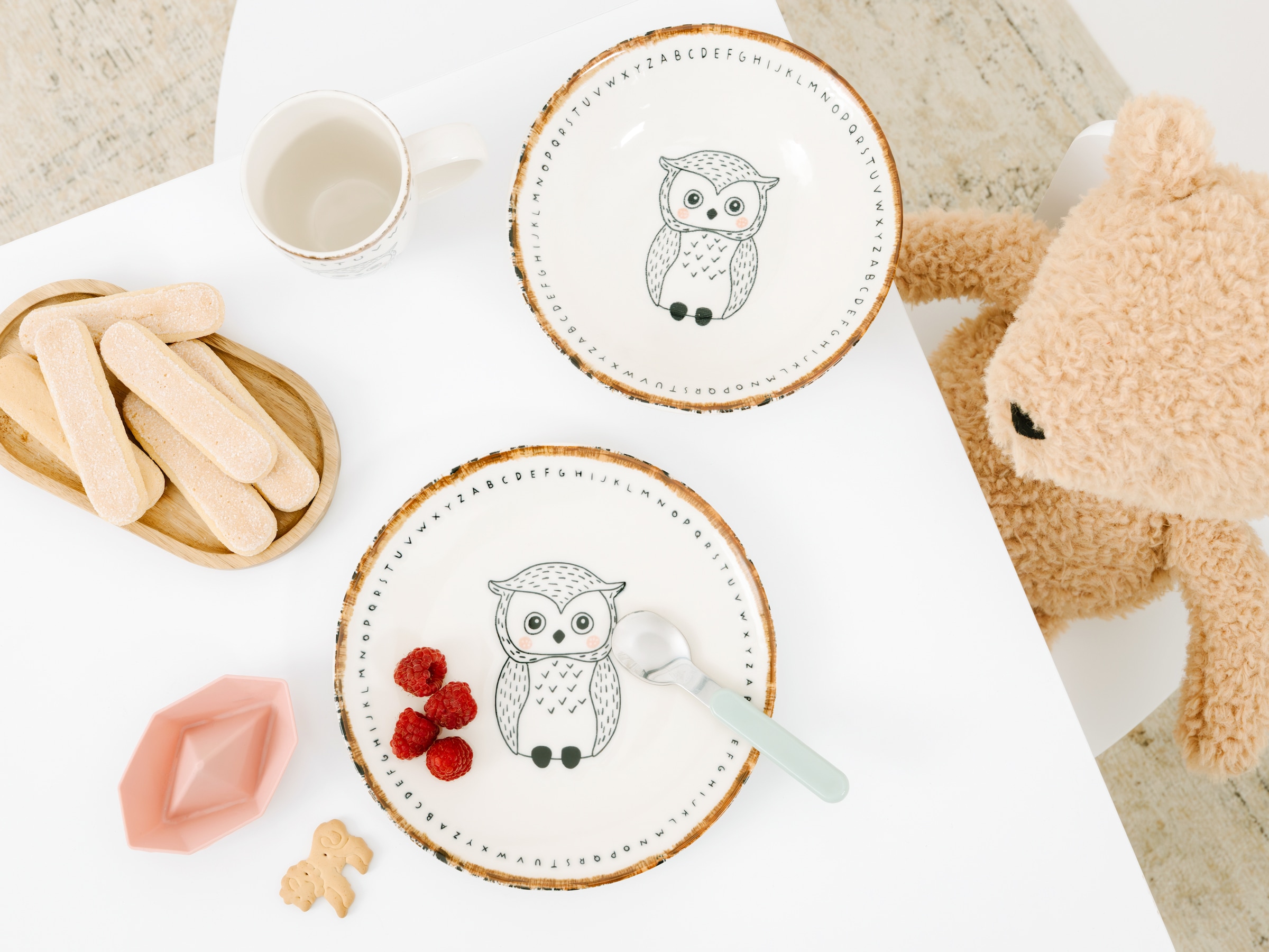 CreaTable Kindergeschirr-Set »Freunde des Waldes Eule, Kinder Set 3-tlg.« Tiermotive, skandinavischer Stil, unregelmäßiger brauner Rand