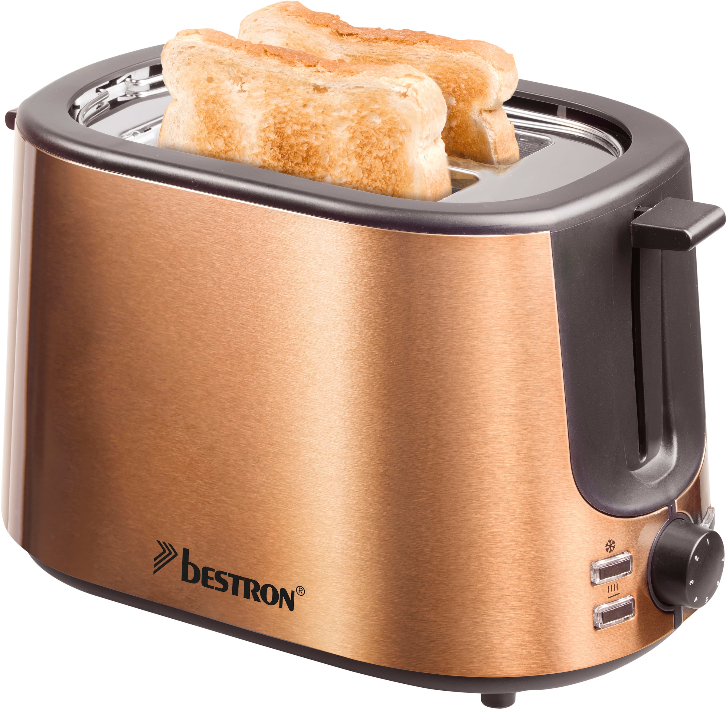 bestron Toaster »ATS1000CO«, 2 kurze Schlitze, für 2 Scheiben, 1000 W, Krümelschublade und Brötchen-Röstaufsatz, Edelstahl in Kupfer-Optik