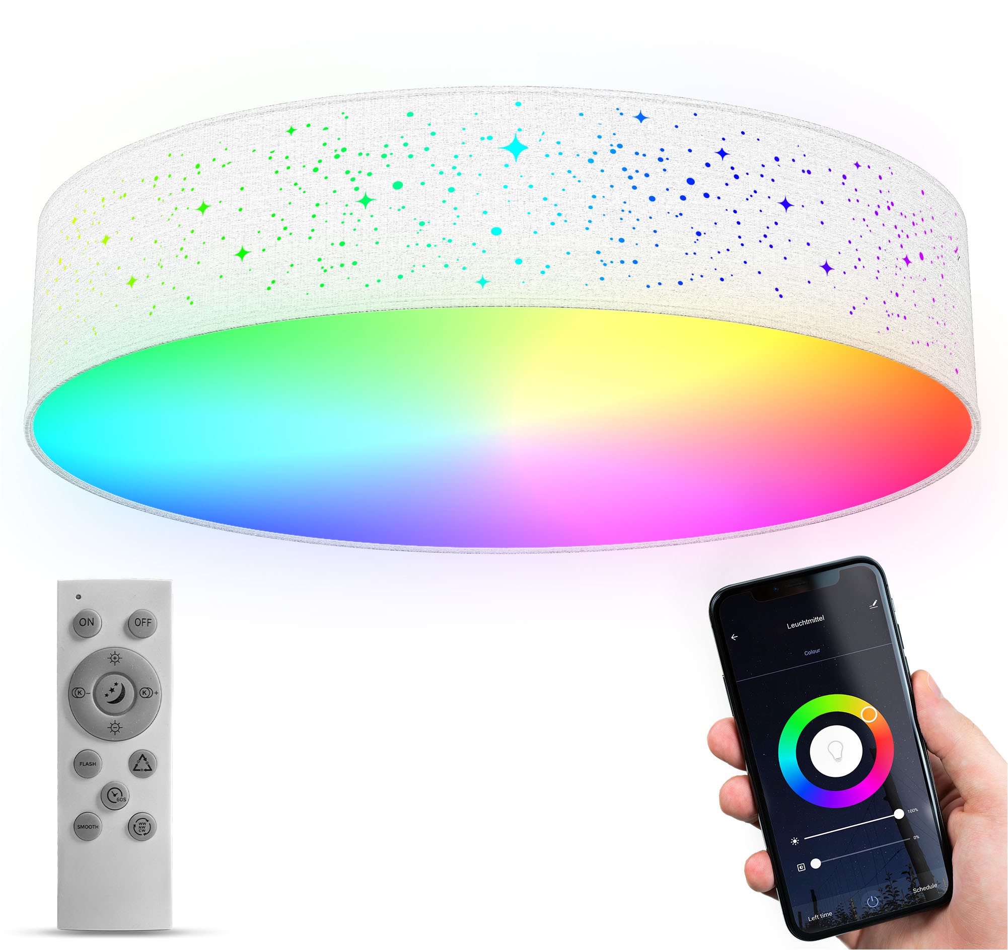B.K.Licht LED Deckenleuchte »WiFi RGB-CCT Deckenlampe, APP-Steuerung, iOS+Andorid«, 1 flammig, Leuchtmittel LED-Modul | LED fest integriert, inkl. Fernbedienung, Farbwechsel und Lichteffekte, Ø49cm