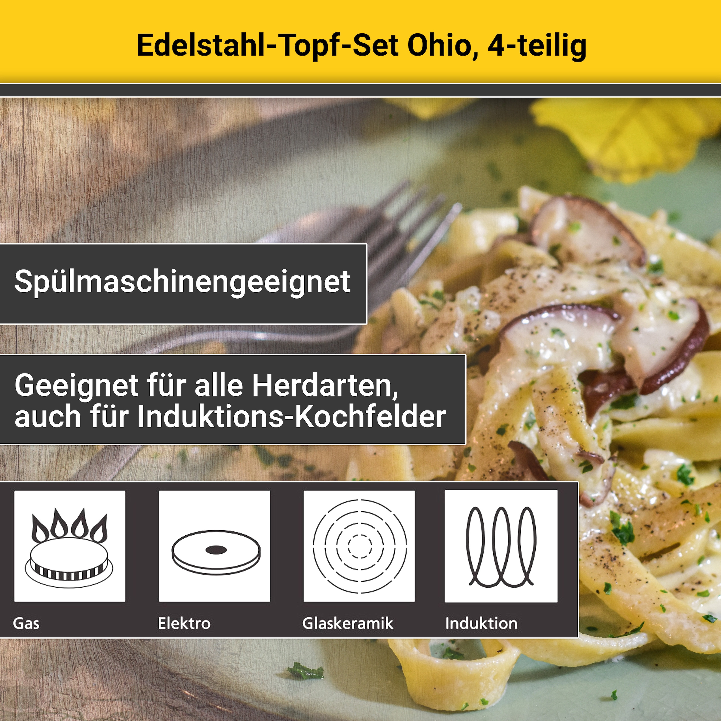 Krüger Topf-Set »Ohio«, Edelstahl, (Set, 7 tlg., Bratentopf Ø 20 cm, Fleischtopf Ø 16/20 cm, Stielkasserolle Ø 16 cm), für Induktions-Kochfelder geeignet