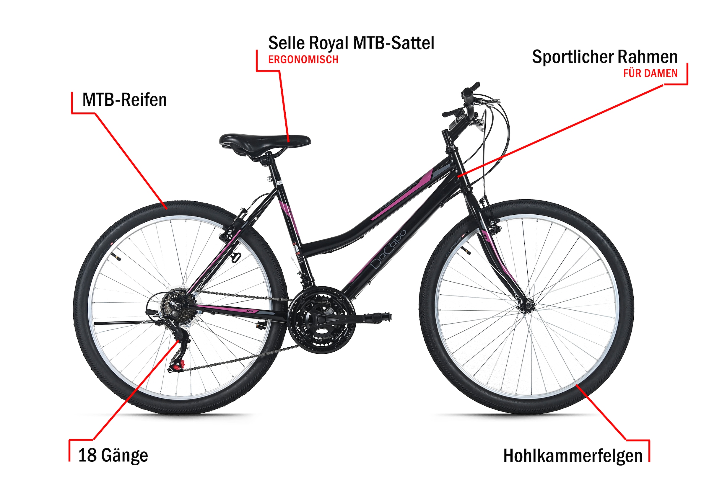 Dacapo Mountainbike »Damen-Mountainbike 26'' Nelson Schwarz 18 Gänge RH 48 cm« 18 Gang Shimano Tourney Schaltwerk Kettenschaltung