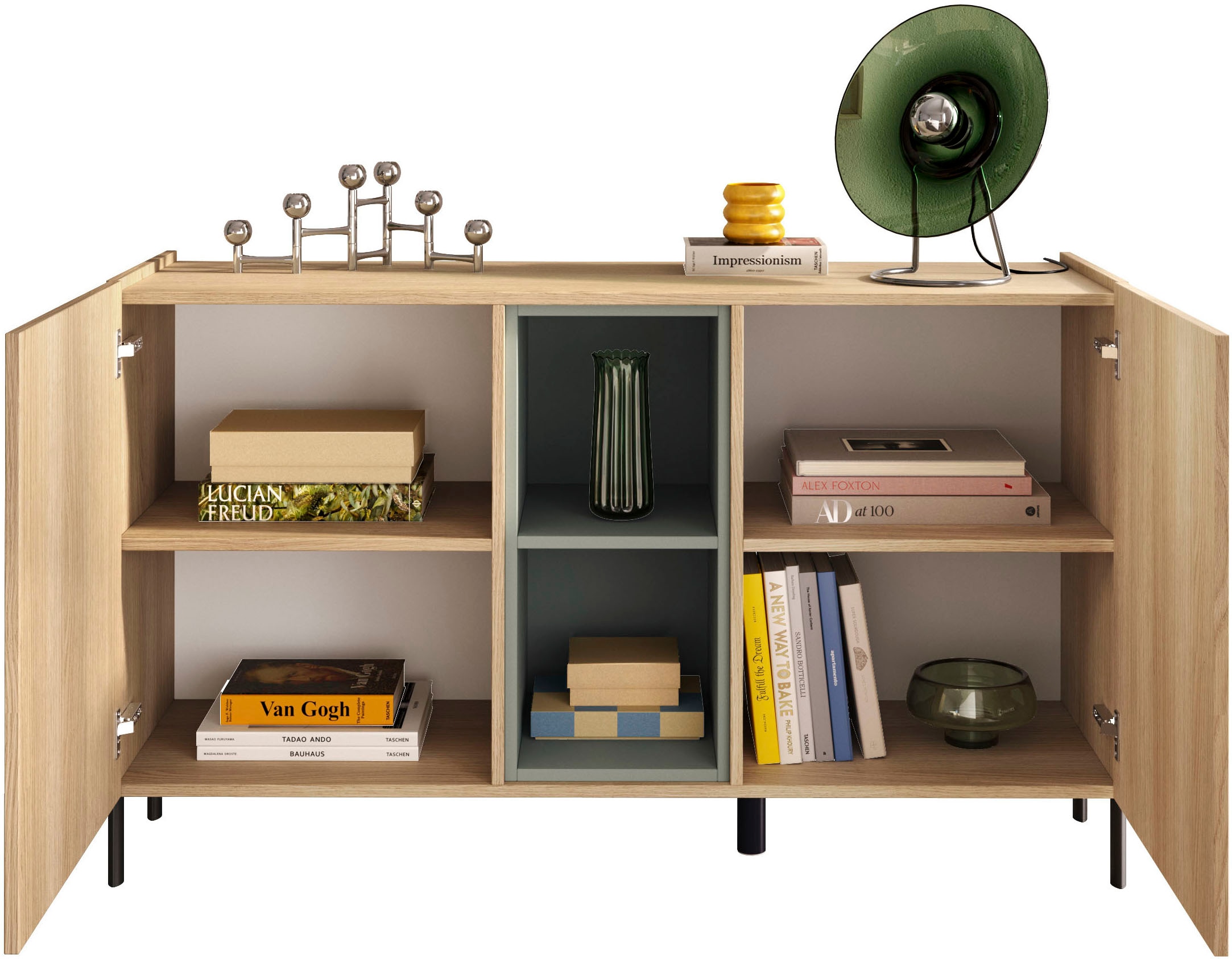 OTTO home Sideboard »Badia, 132 cm breit, 2 Türen, Anrichte, Kommode, Stauraumschrank« Innenliegendes Top, gerade Metallfüße, salbeigrüne Farbakzente
