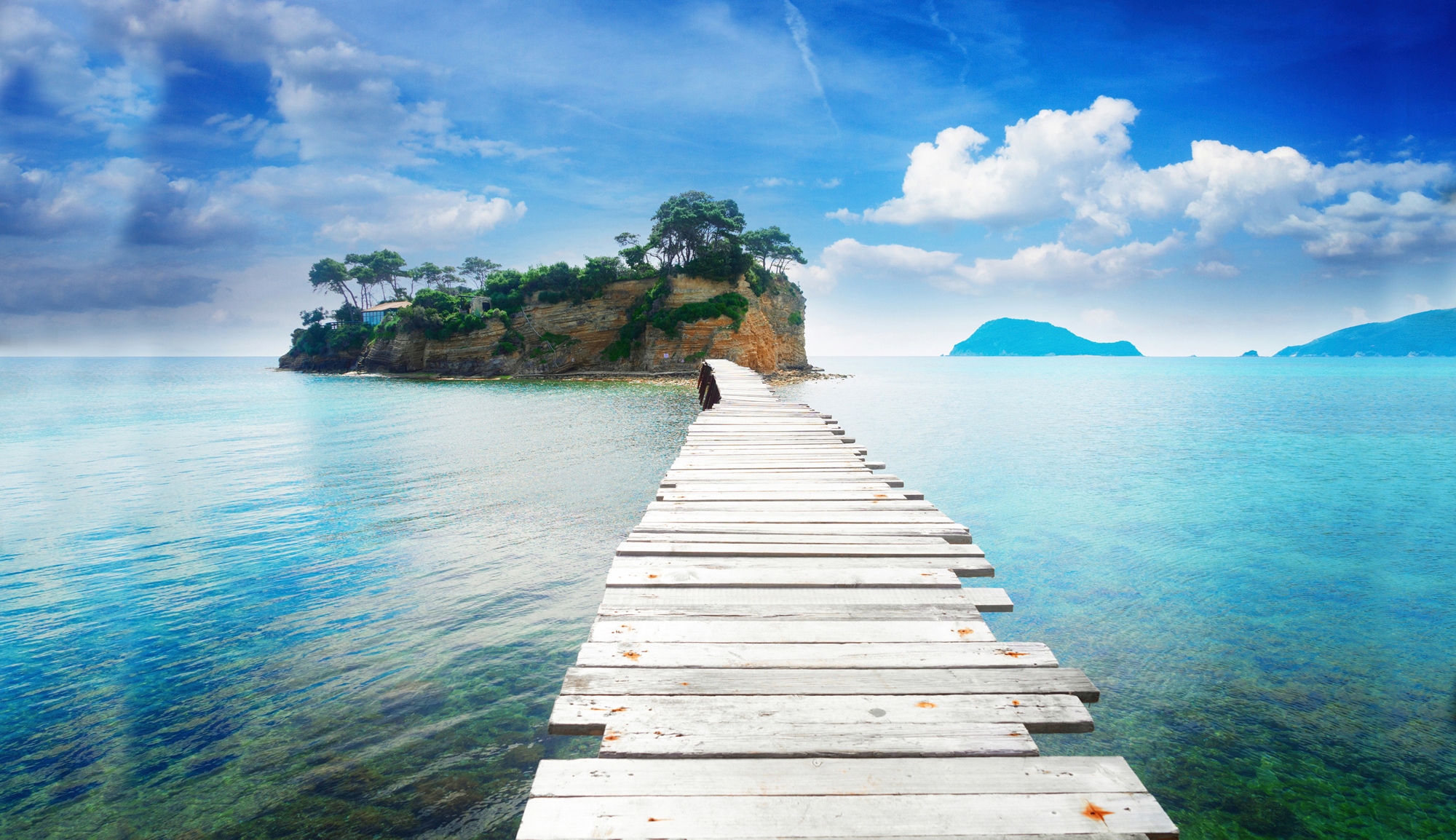 Papermoon Fototapete »HOLZ-BRÜCKE-AGIOS SOSTIS INSEL PIER STEG MEER SEE WAL günstig online kaufen