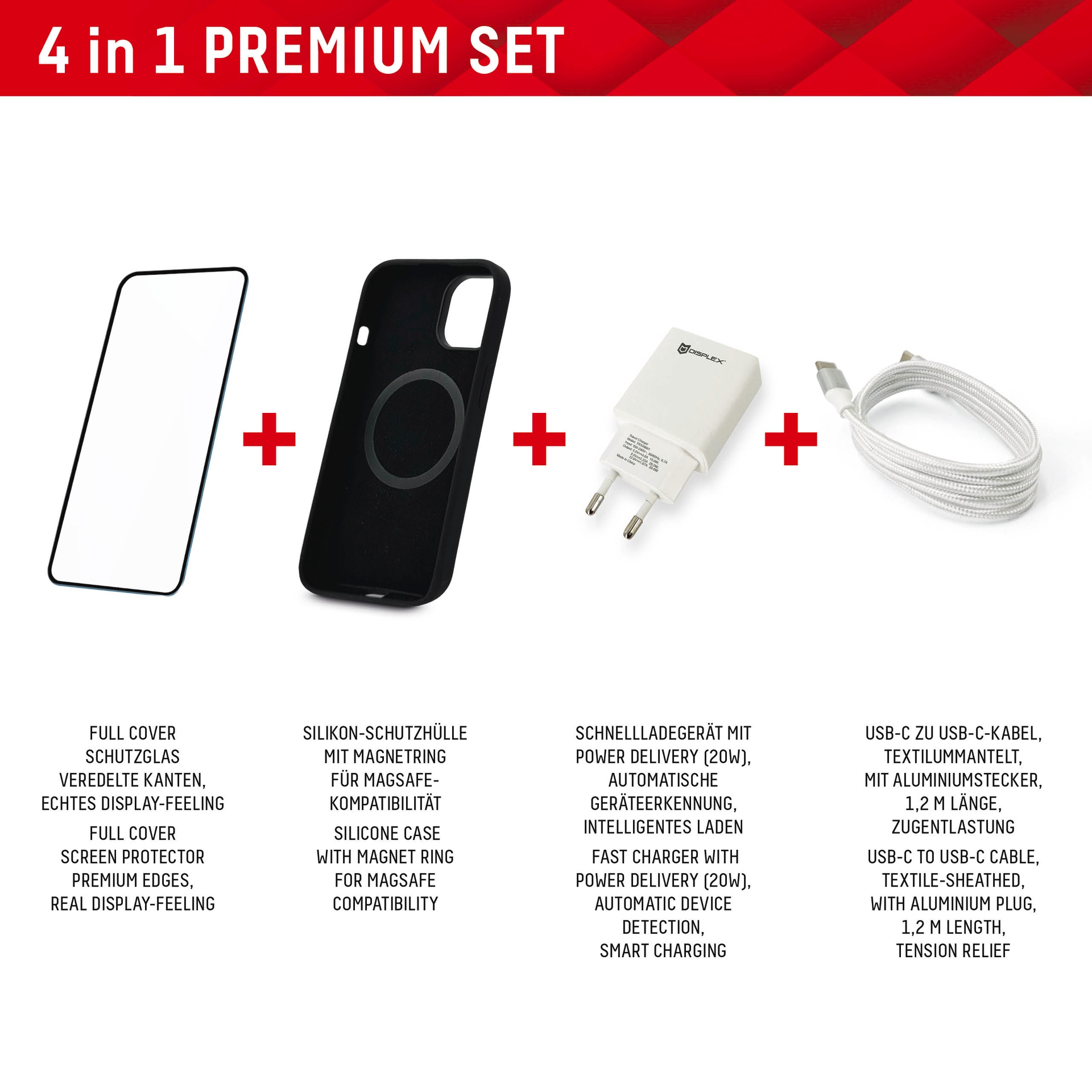 Displex Displayschutzglas »Premium Set 4in1«, für Apple iPhone 15, (Set, 4 St., bestehend aus Displayschutz, Case, Kabel, Netzteil), Displayschutzfolie Schnellladegerät 20 W MagSafe USB-C zu USB-C-Kabel