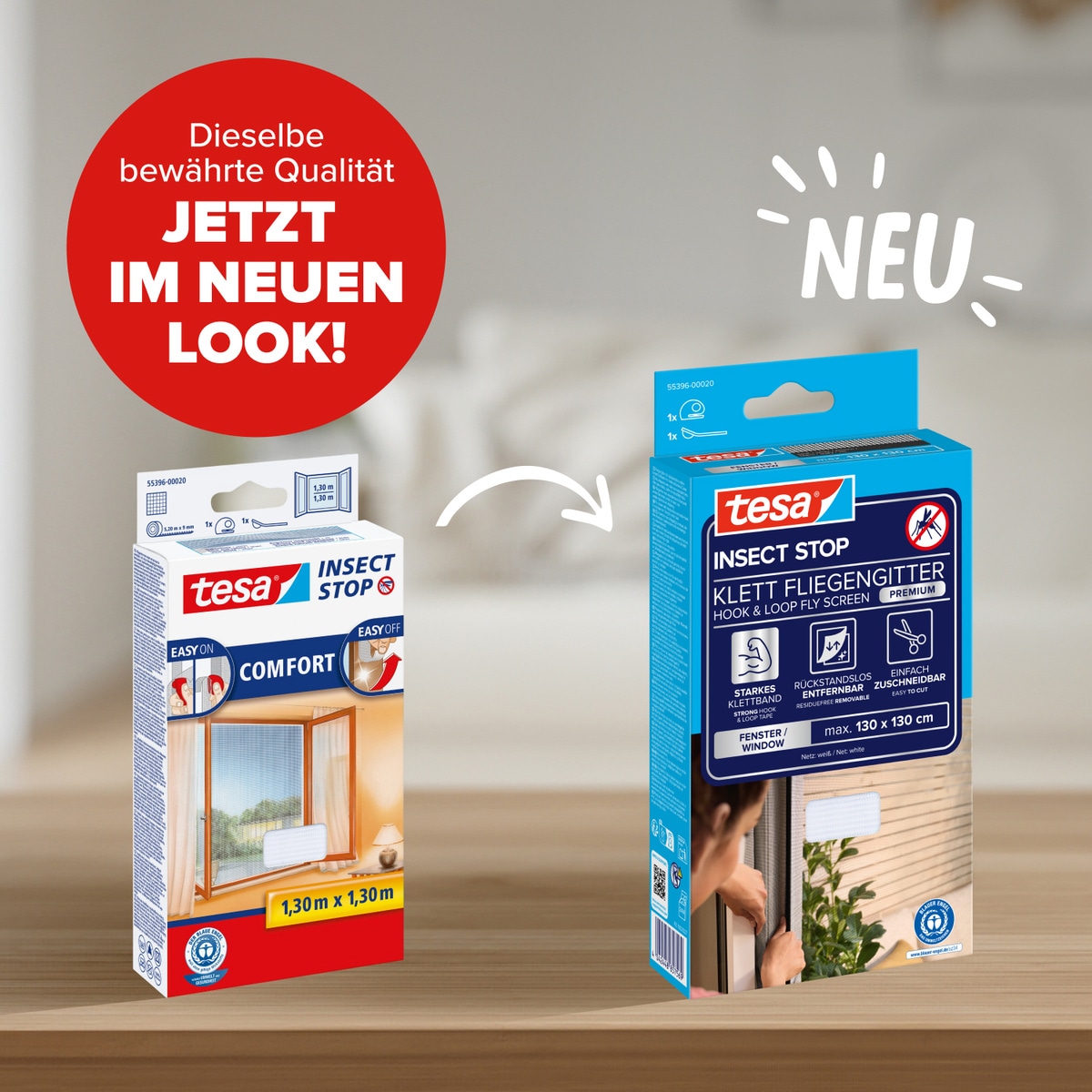 tesa Fliegengitter-Gewebe »Premium für Fenster, Insektenschutz mit Klettband« Packung, Fliegennetz, Klettband, Andrück und Schneidehilfe, 1 Stk. tlg. selbstklebende Insektenschutz - 130 cm x 130 cm