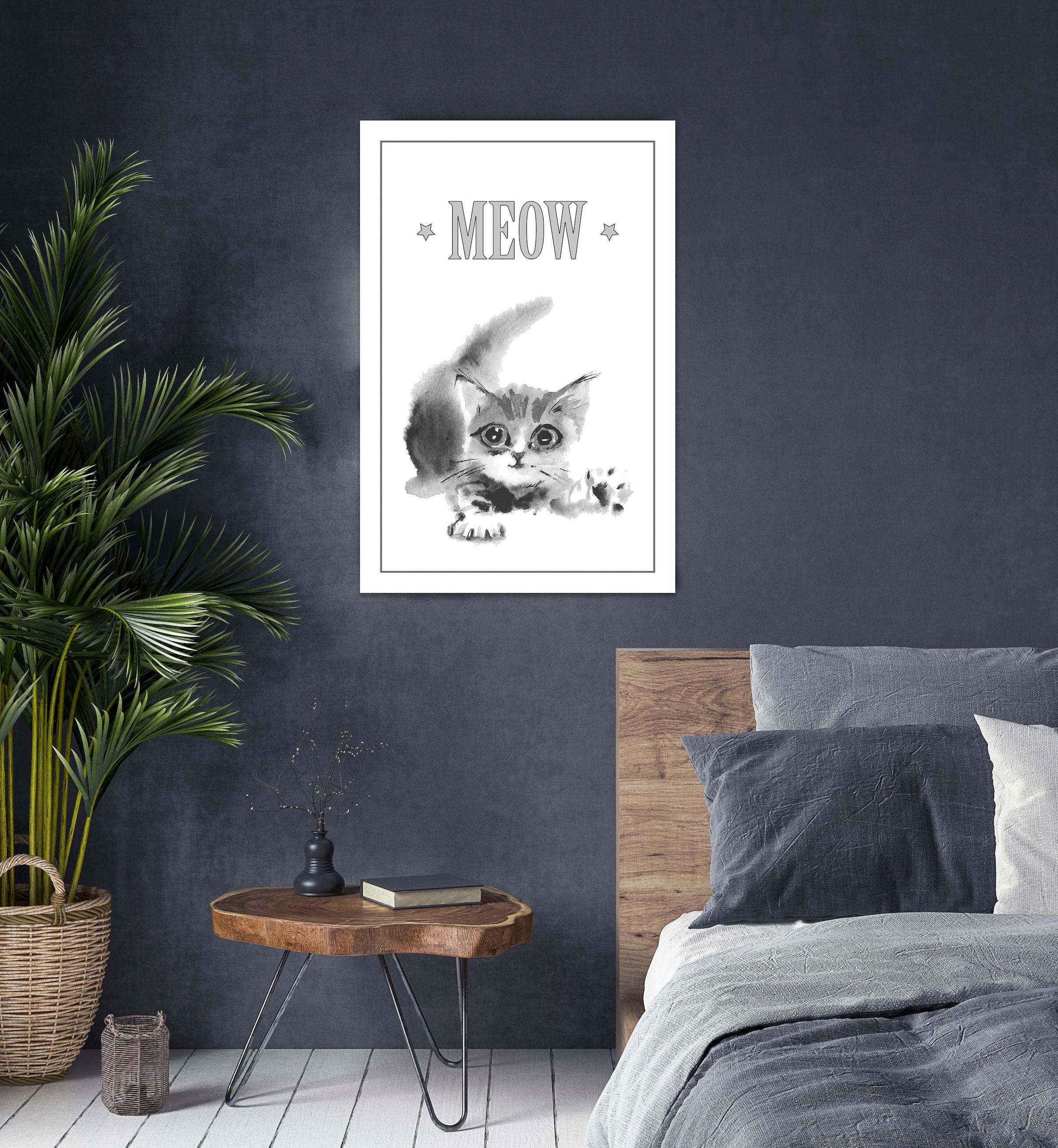 queence Leinwandbild »Katze MEOW« Katze | Katzen | Katzenbilder | Kunst | Modern | Schriftzug | Schwarz-Weiß | Tiere Premium-Leinwandstoff, Handarbeit aus Deutschland