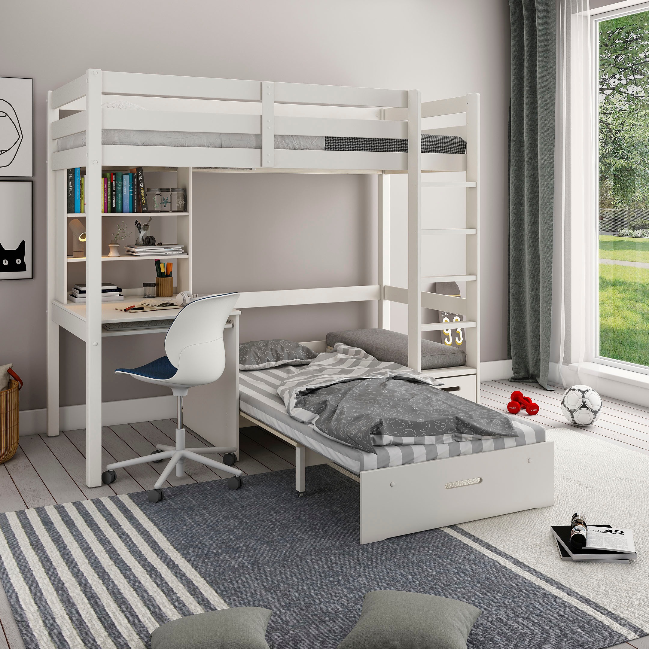 Lüttenhütt Etagenbett »Stockbett, Doppelstockbett "HENNE " zertifiziertes Massivholz«, mit Schreibtisch, Regale, ausziehbarem Sessel,OHNE MATRATZEN/AUFLAGEN!