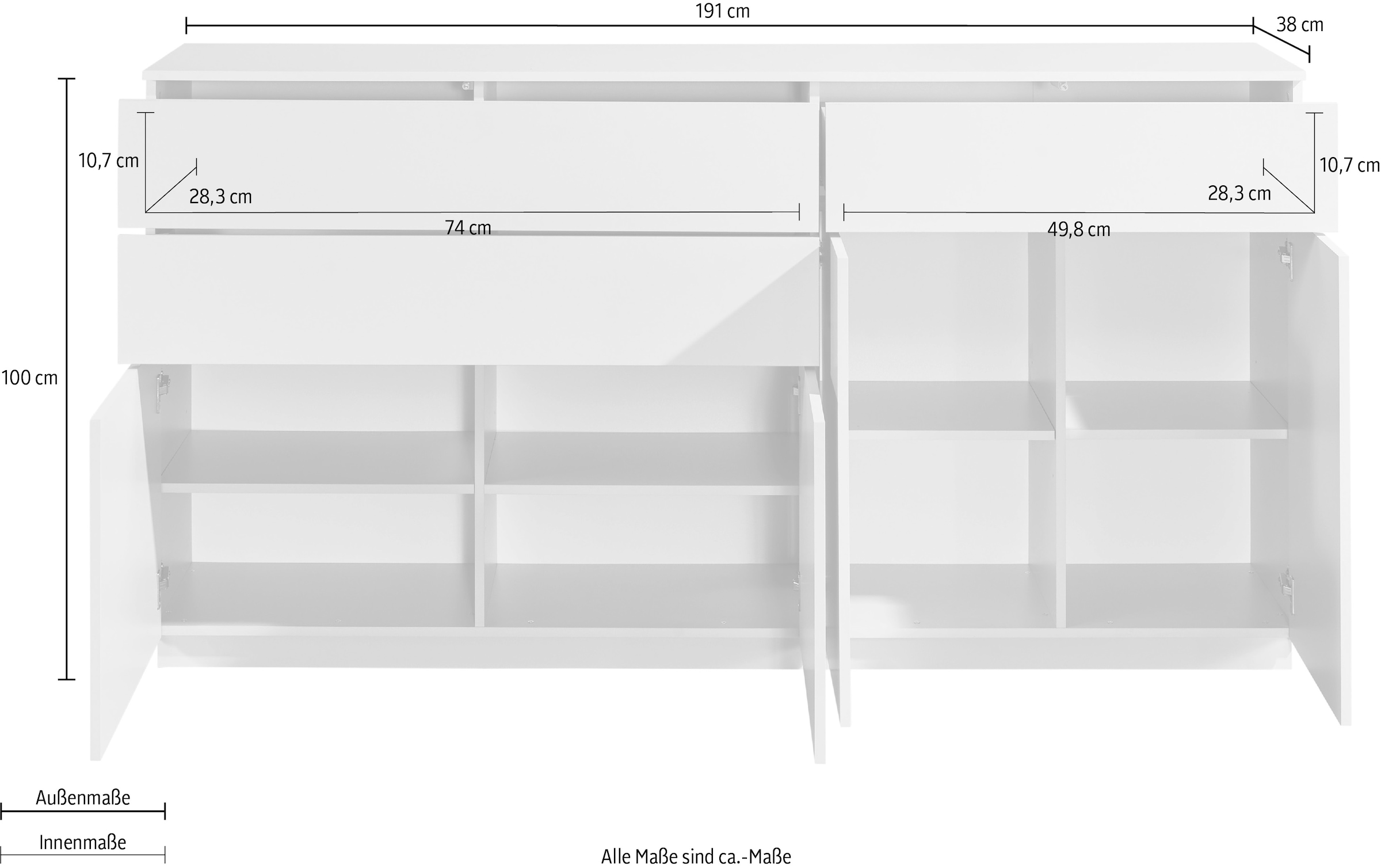 HBZ Sideboard »Vince Sideboard, B/H/T 191x100x38 cm« 1 Stk. tlg. Breite 191 cm, Push-to Open, Melaminbeschichtung