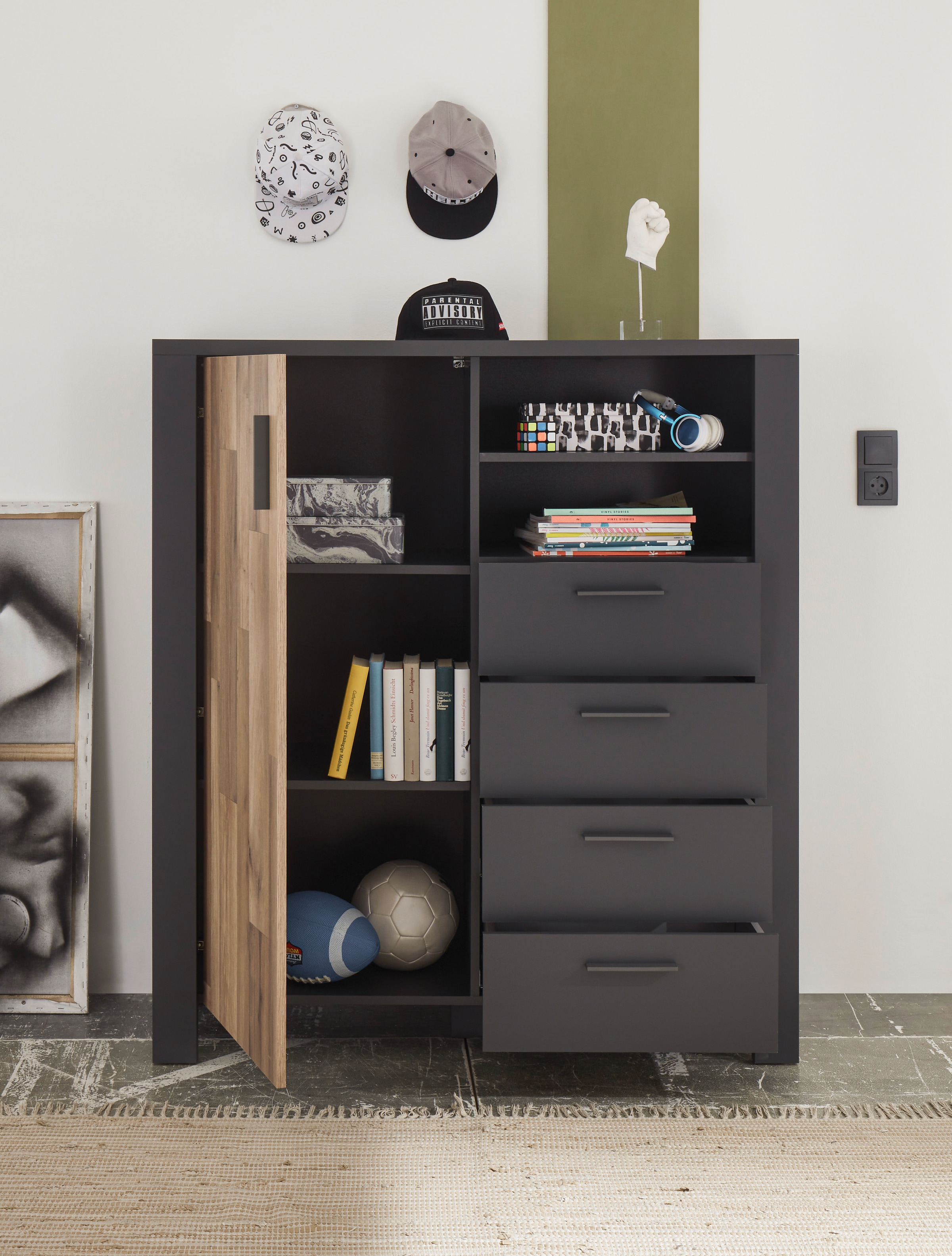 Begabino Schubkastenkommode »Dallas Hochkommode, Sideboard, Wäscheschrank«, mit Schubkästen, Schrank in Montana Oak-Graphit