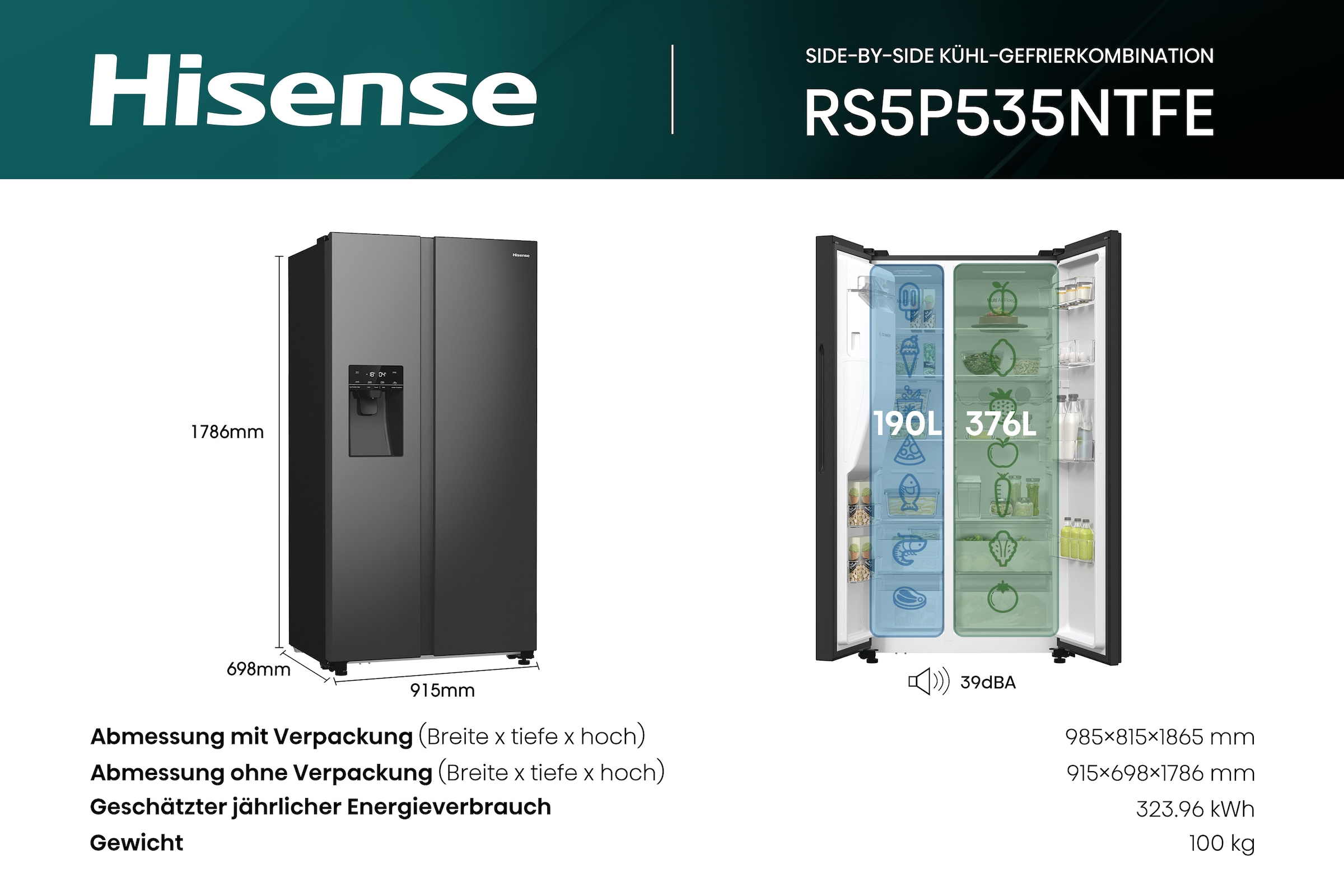 Hisense Side-by-Side »RS5P535NTFE«, Wasser-/Eisspender