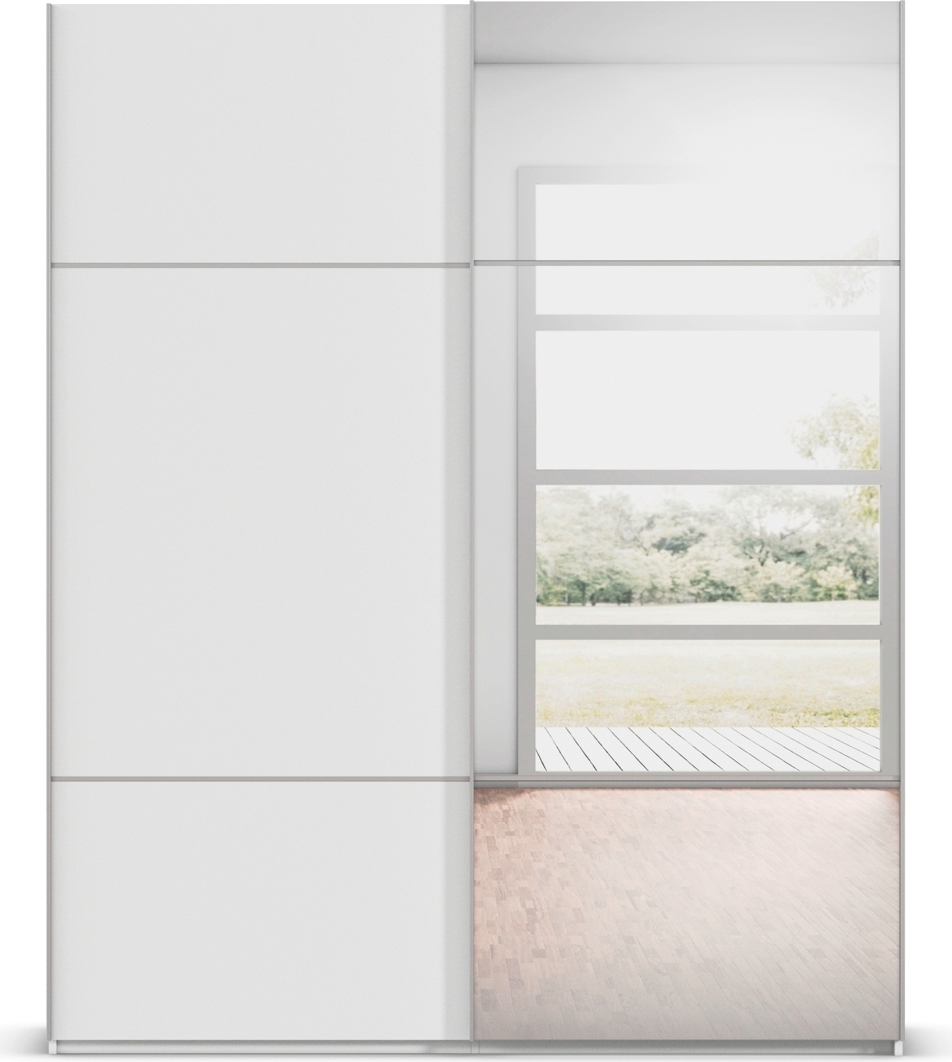rauch Schwebetürenschrank »Kleiderschrank Schrank Garderobe Schlafzimmerschrank SCALE-TRIO«, edle dreigeteilte Front mit 2 Zierleisten und Spiegel MADE IN GERMANY