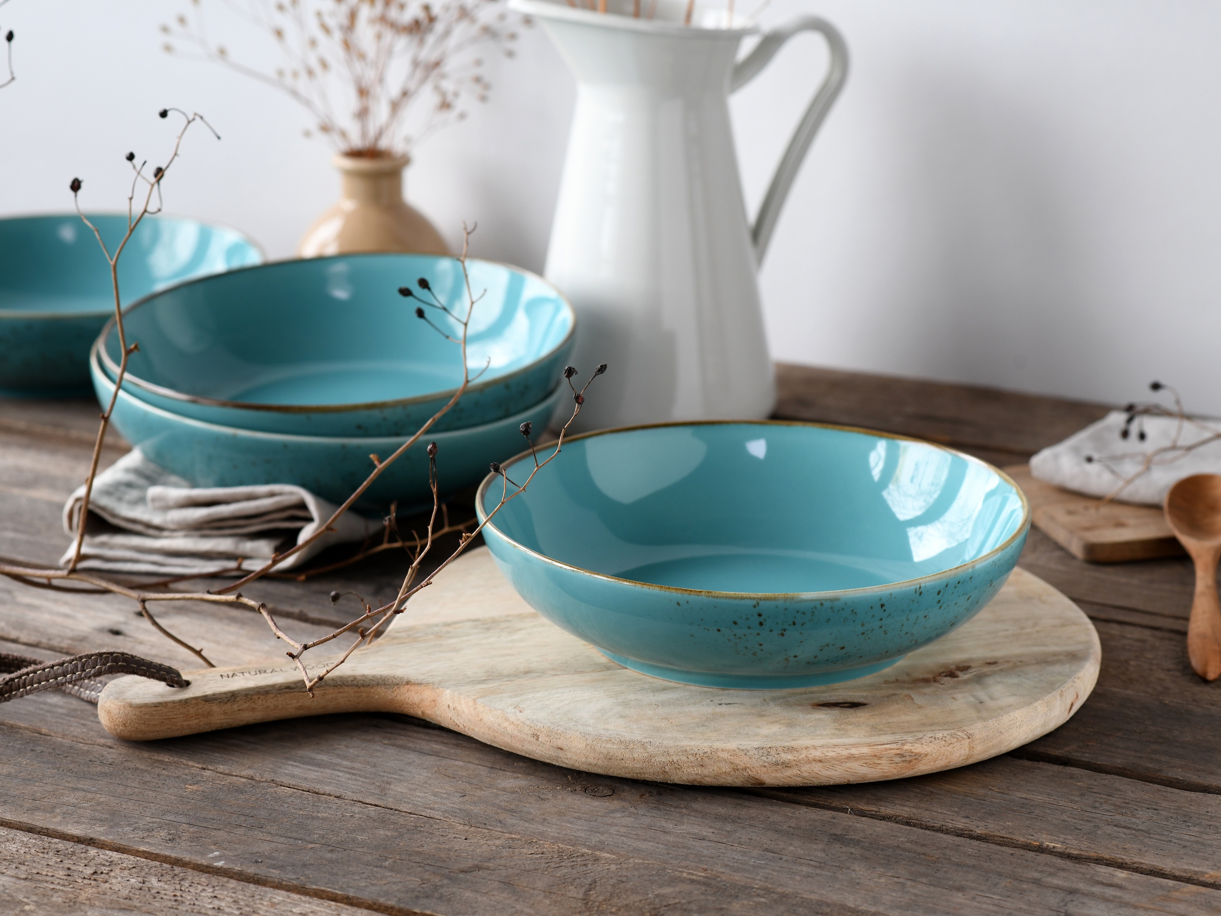 CreaTable Schale »Nature Collection, Poke Bowl, Ø 22,5 cm, 4-tlg«, 4 tlg., aus Steinzeug, Handwerklicher Look, Vintage, Höhe 5 cm