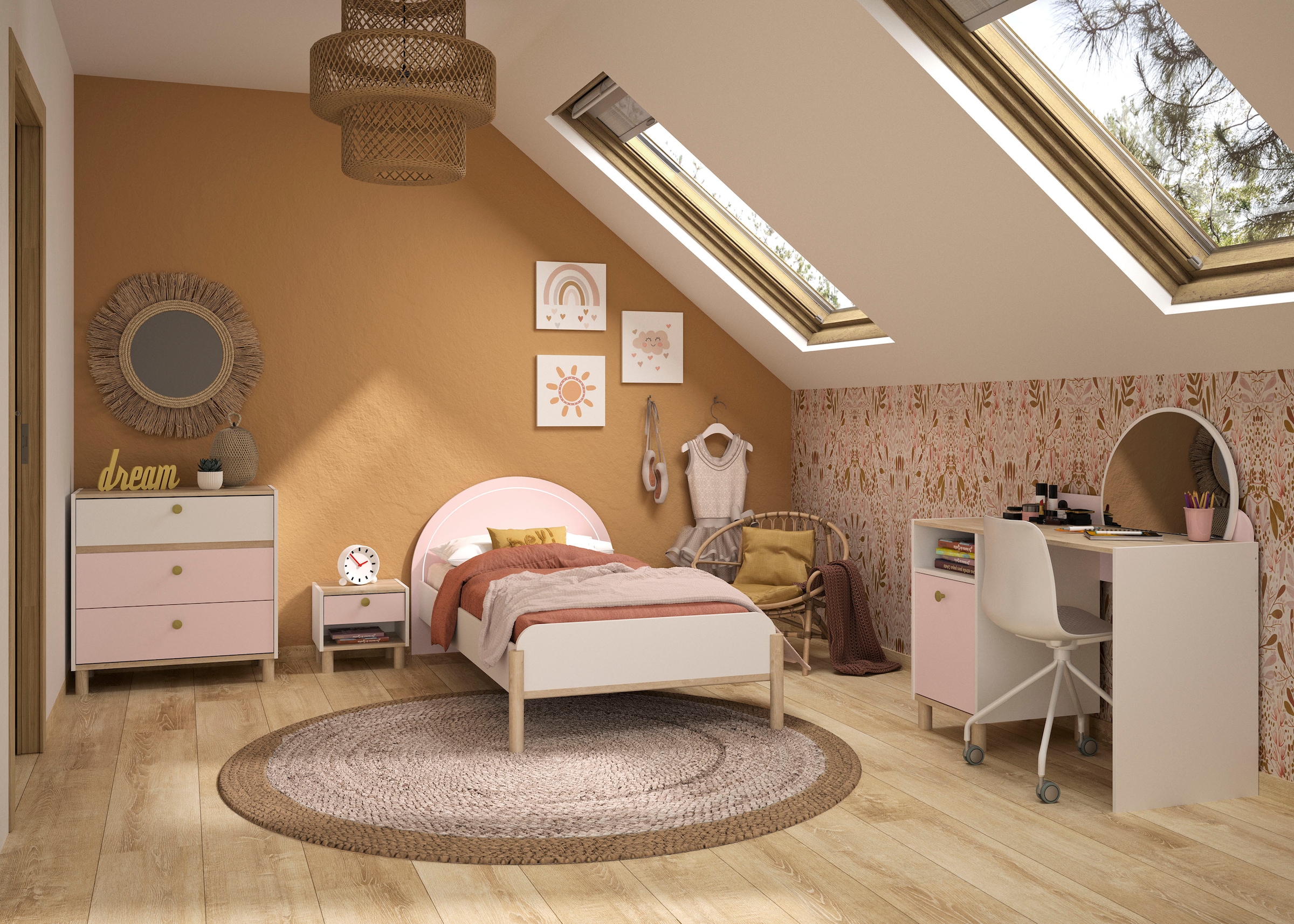 Gami Jugendbett »Einzelbett, Kinderbett, mit LED-Beleuchtung am Kopfteil, 90x200 cm«, Elegantes Design für eine sanfte und feminine Atmosphäre.