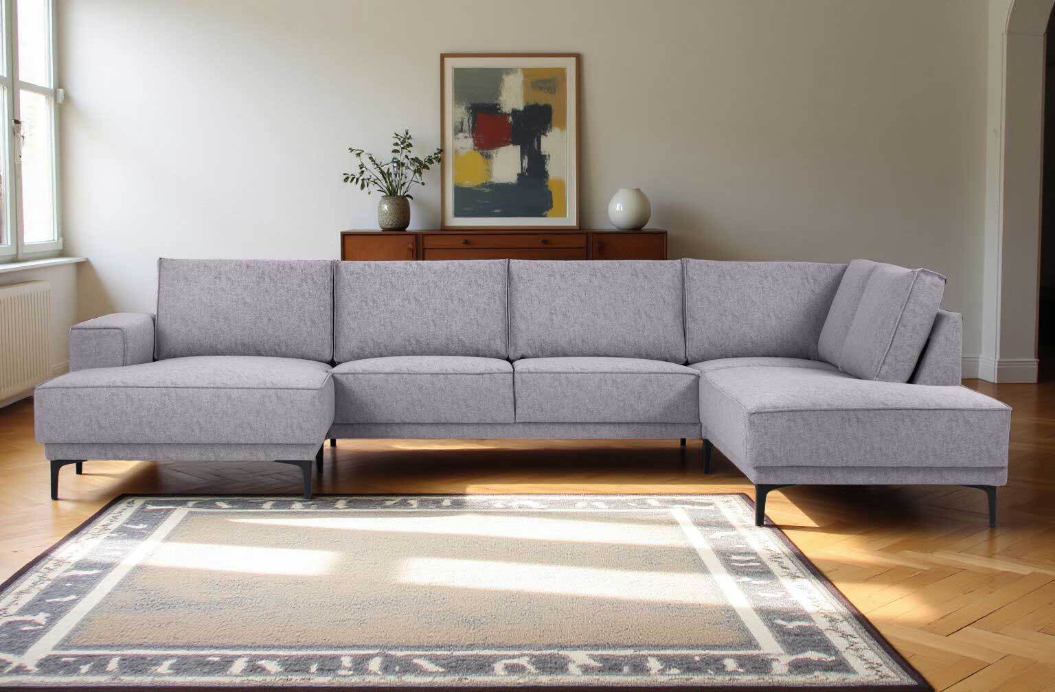 Places of Style Wohnlandschaft »XXL Sofa Oland, Struktur, Flachgewebe, Luxus-Microfaser, Boucle«, U-Form, 345 cm, Wellenunterfederung, Skandi-Design, Metallfüße