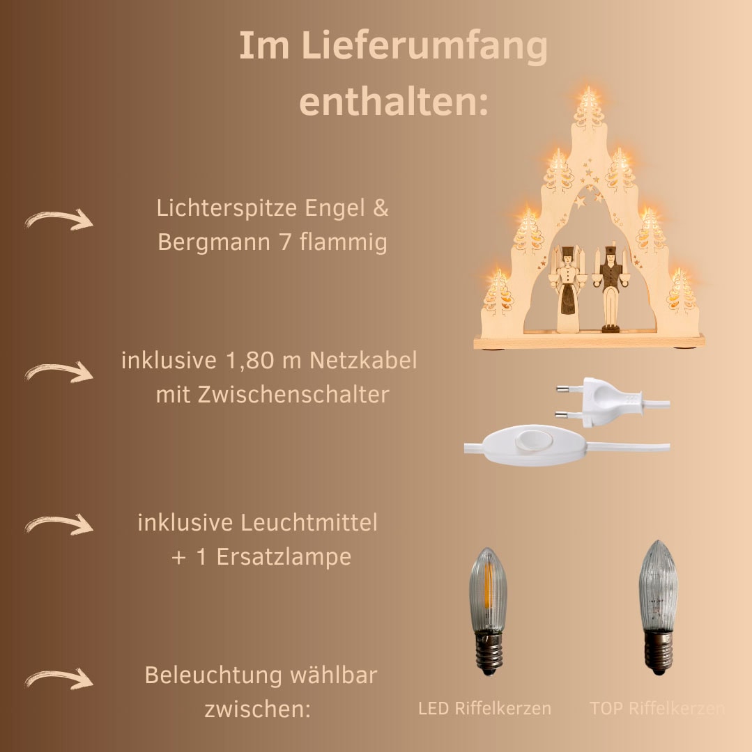 Weigla LED Schwibbogen »Engel & Bergmann, Lichterspitze aus Holz, NATUR-BRAUN«, Erzgebirge garantiert, Weihnachtsdeko Innen, Weihnachtsbeleuchtung